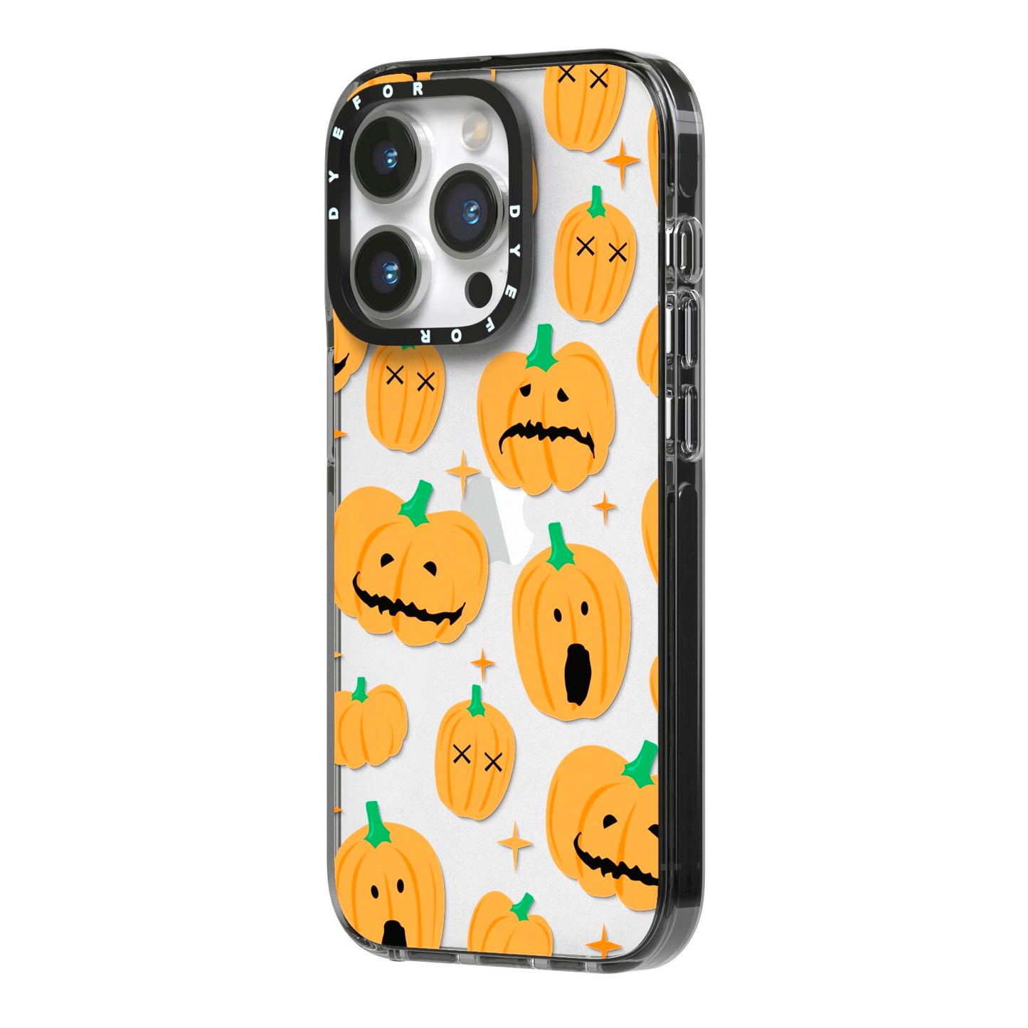 Jack O Lanterns with Transparent Background iPhone 14 Pro Black Impact Case Side Angle on Silver phone