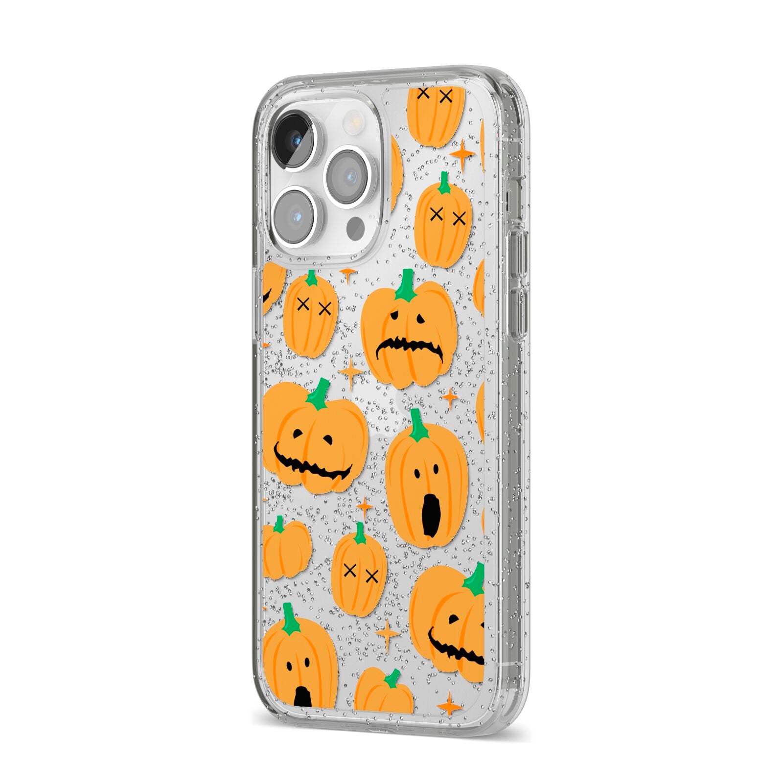 Jack O Lanterns with Transparent Background iPhone 14 Pro Max Glitter Tough Case Silver Angled Image