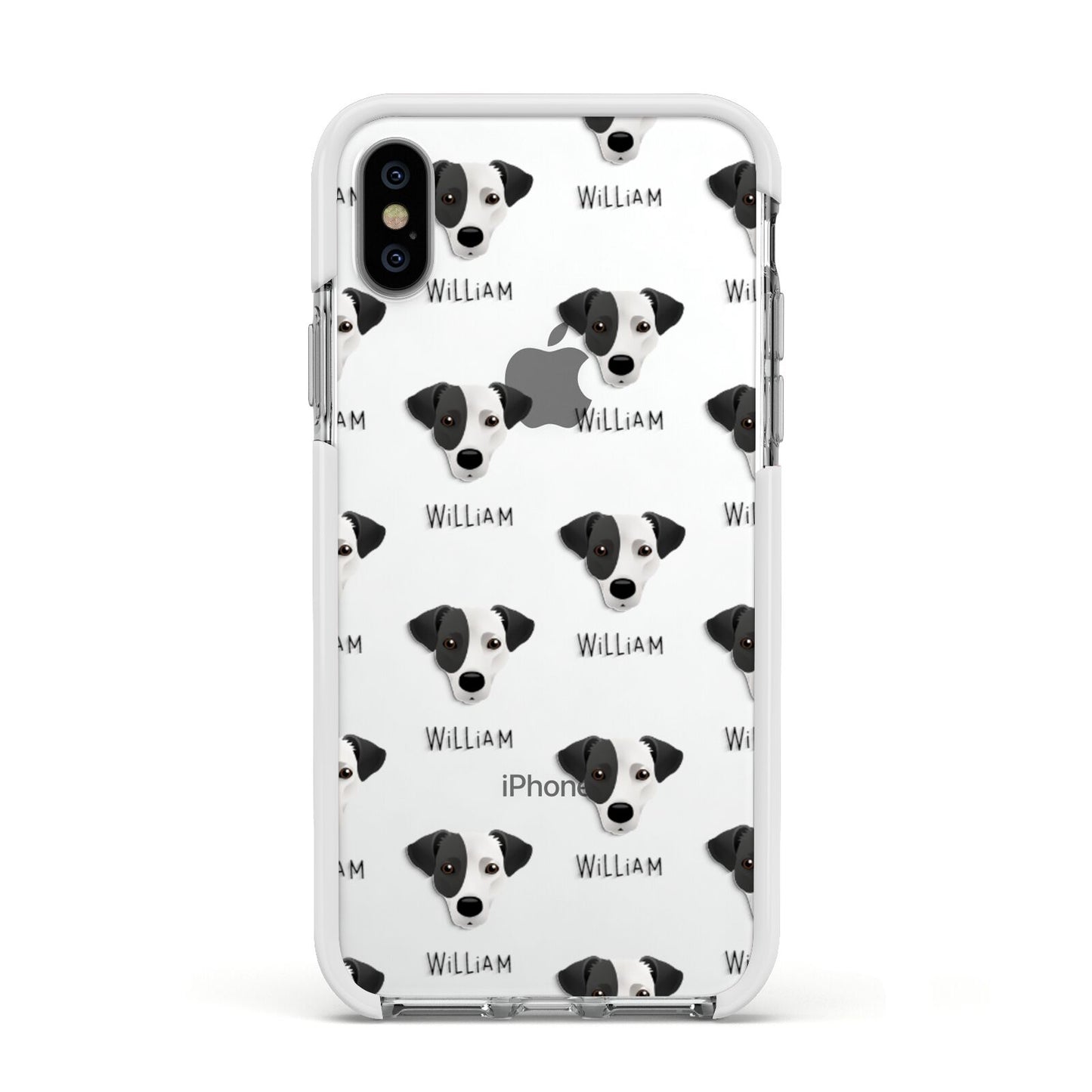 Jack Russell Terrier Icon with Name Apple iPhone Xs Impact Case White Edge on Silver Phone