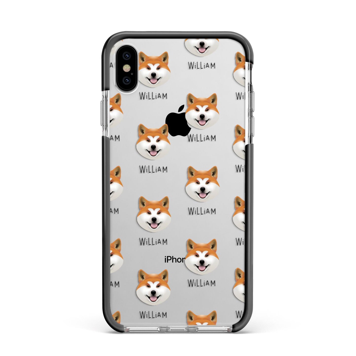 Japanese Akita Icon with Name Apple iPhone Xs Max Impact Case Black Edge on Silver Phone