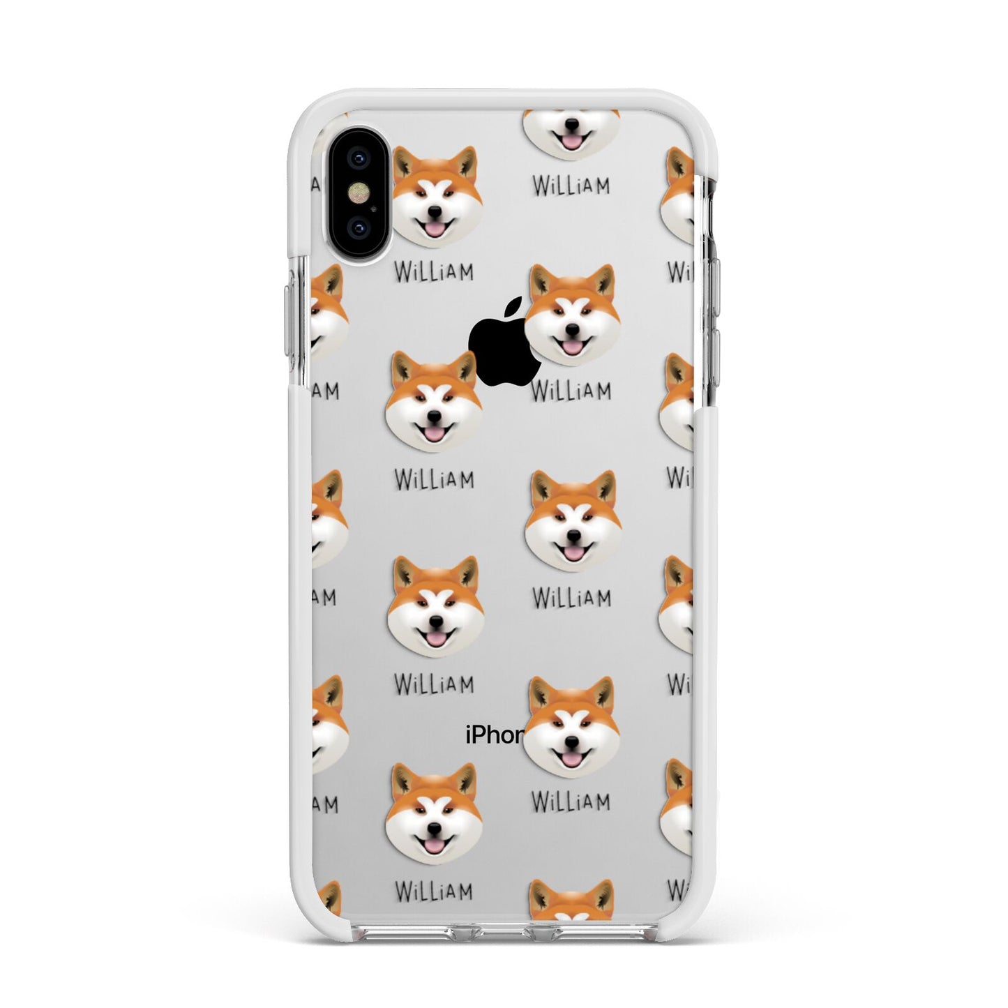 Japanese Akita Icon with Name Apple iPhone Xs Max Impact Case White Edge on Silver Phone