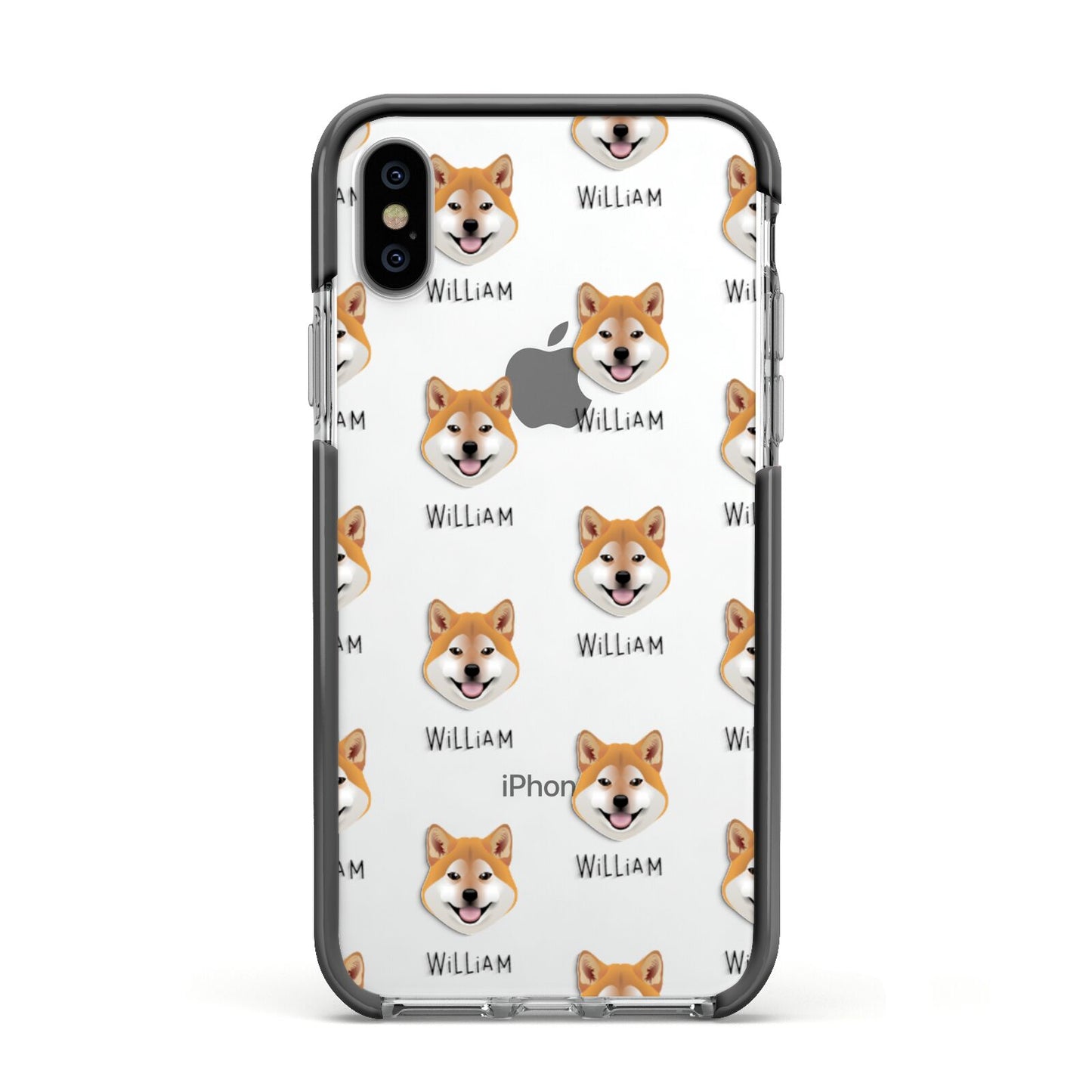 Japanese Shiba Icon with Name Apple iPhone Xs Impact Case Black Edge on Silver Phone