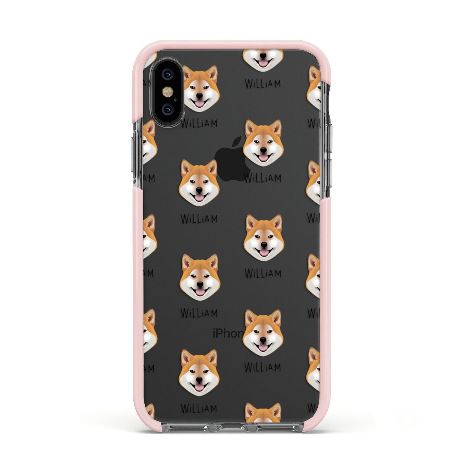 Japanese Shiba Icon with Name Apple iPhone Xs Impact Case Pink Edge on Black Phone