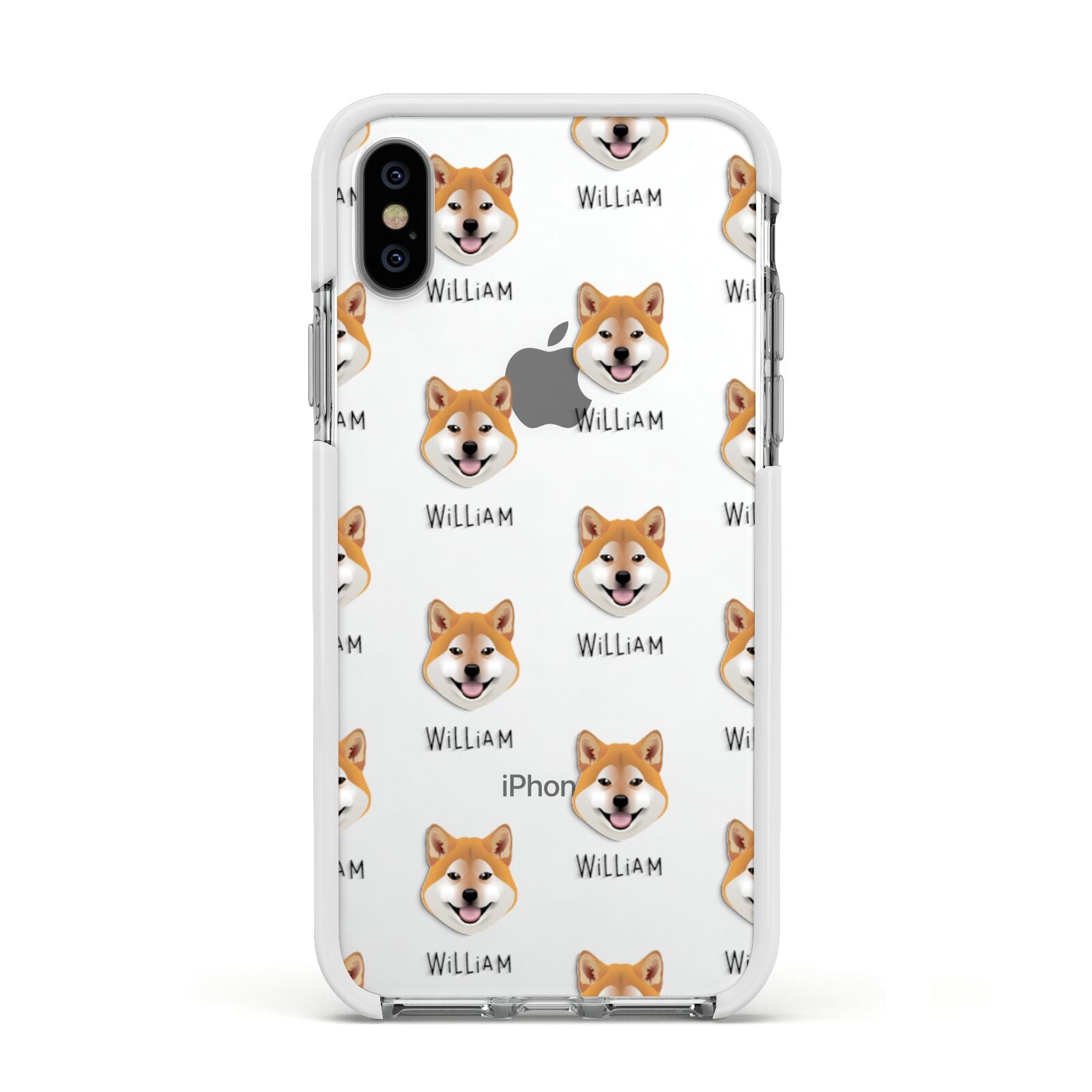 Japanese Shiba Icon with Name Apple iPhone Xs Impact Case White Edge on Silver Phone