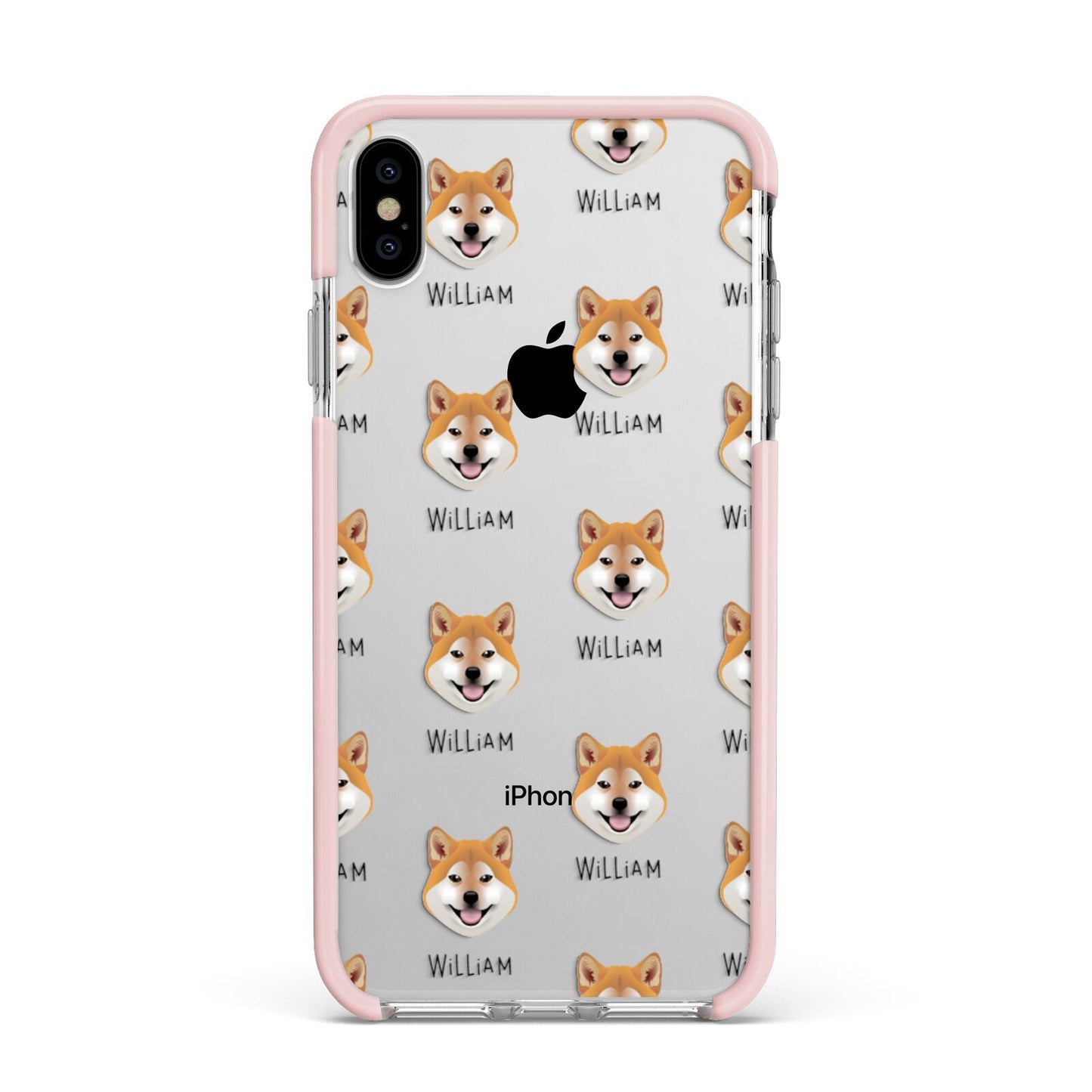 Japanese Shiba Icon with Name Apple iPhone Xs Max Impact Case Pink Edge on Silver Phone