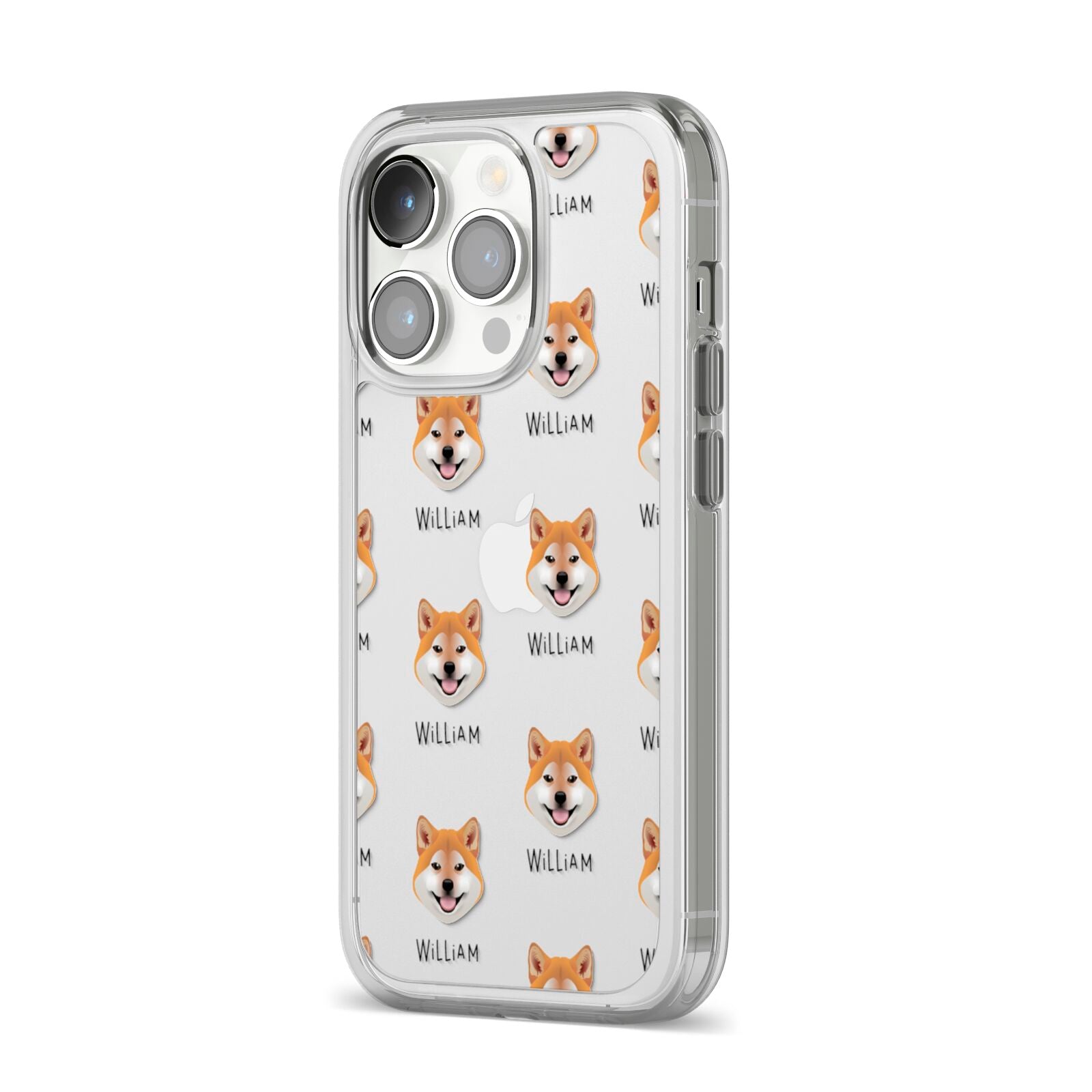 Japanese Shiba Icon with Name iPhone 14 Pro Clear Tough Case Silver Angled Image