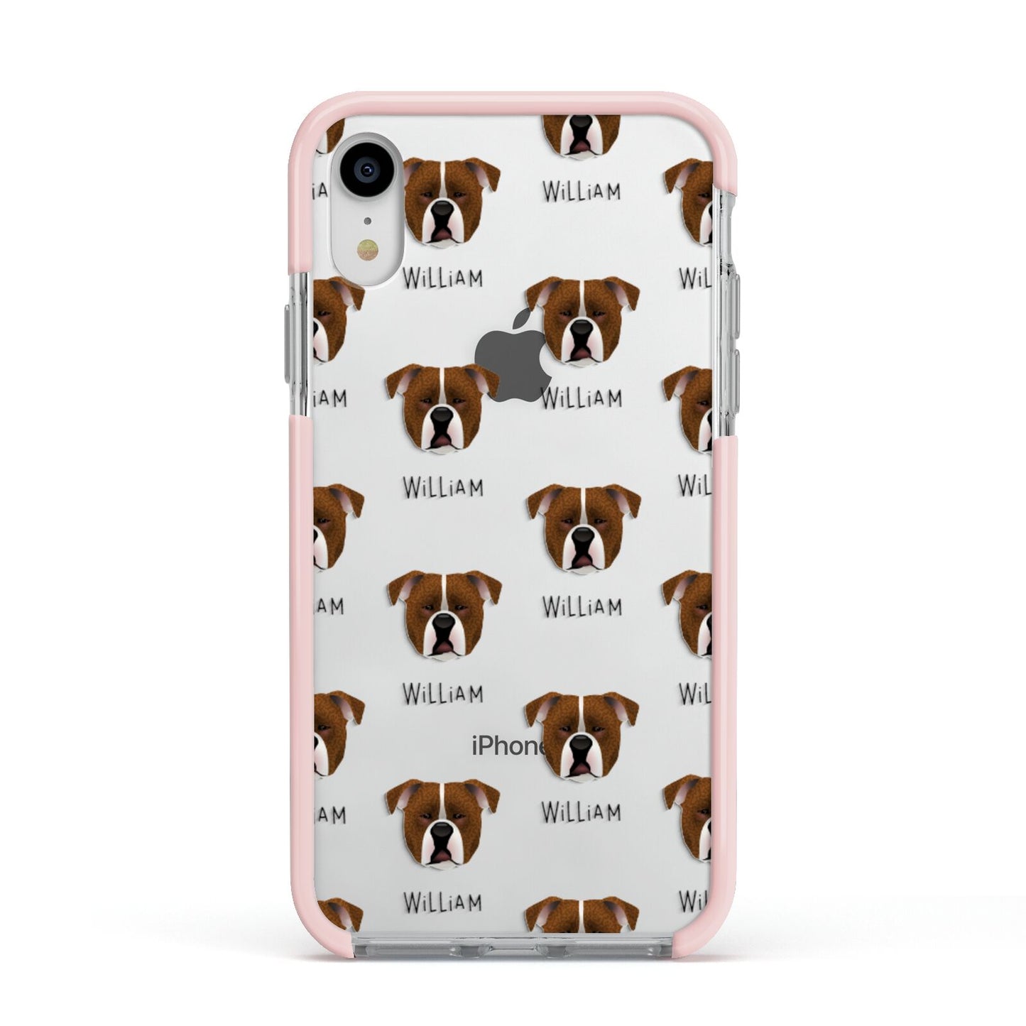 Johnson American Bulldog Icon with Name Apple iPhone XR Impact Case Pink Edge on Silver Phone