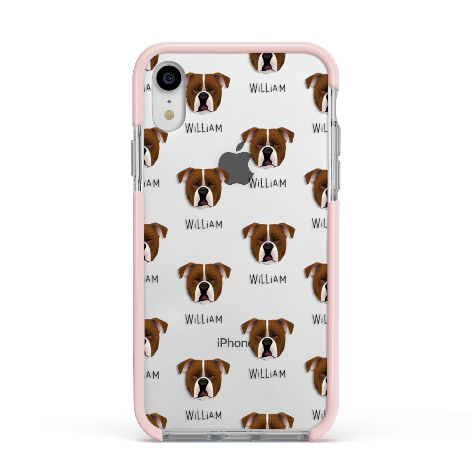 Johnson American Bulldog Icon with Name Apple iPhone XR Impact Case Pink Edge on Silver Phone