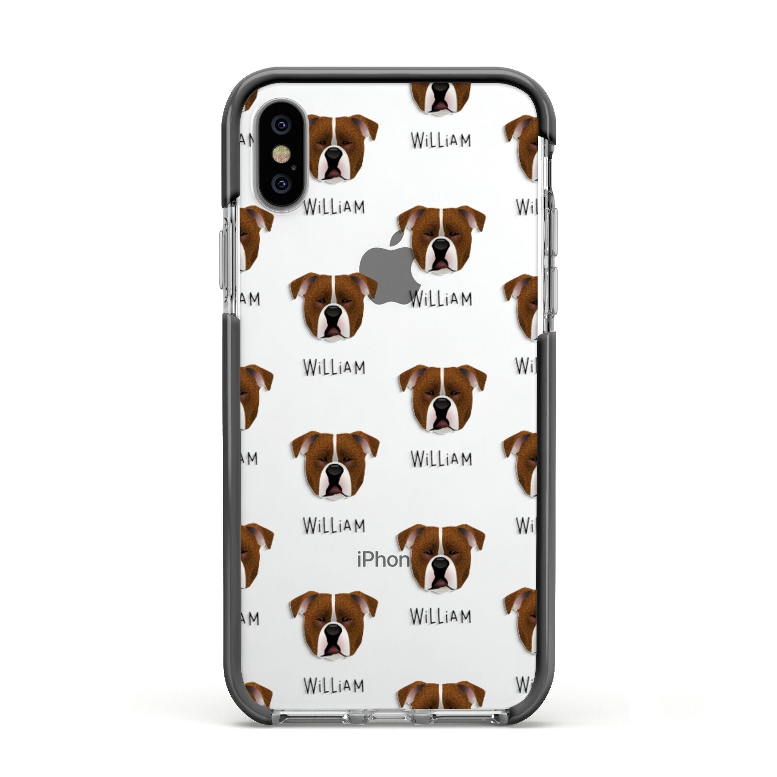 Johnson American Bulldog Icon with Name Apple iPhone Xs Impact Case Black Edge on Silver Phone