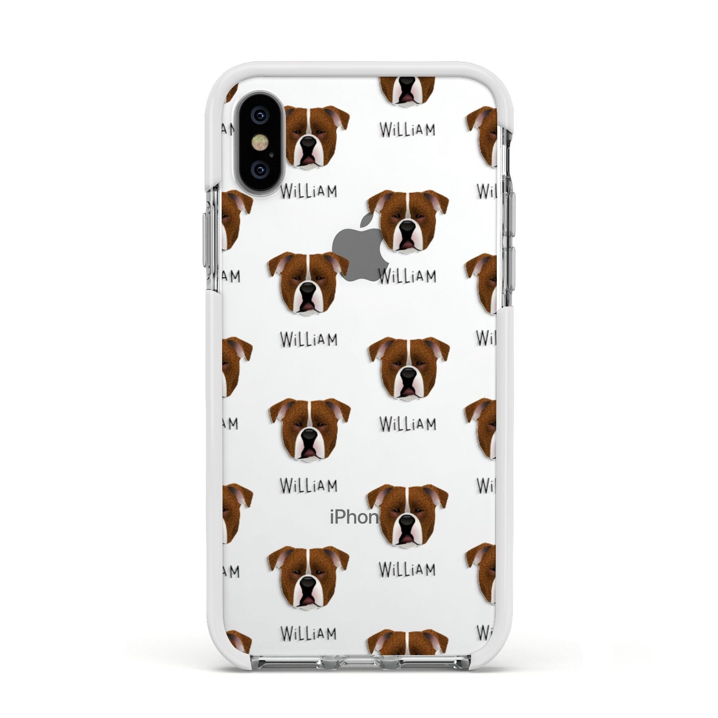 Johnson American Bulldog Icon with Name Apple iPhone Xs Impact Case White Edge on Silver Phone