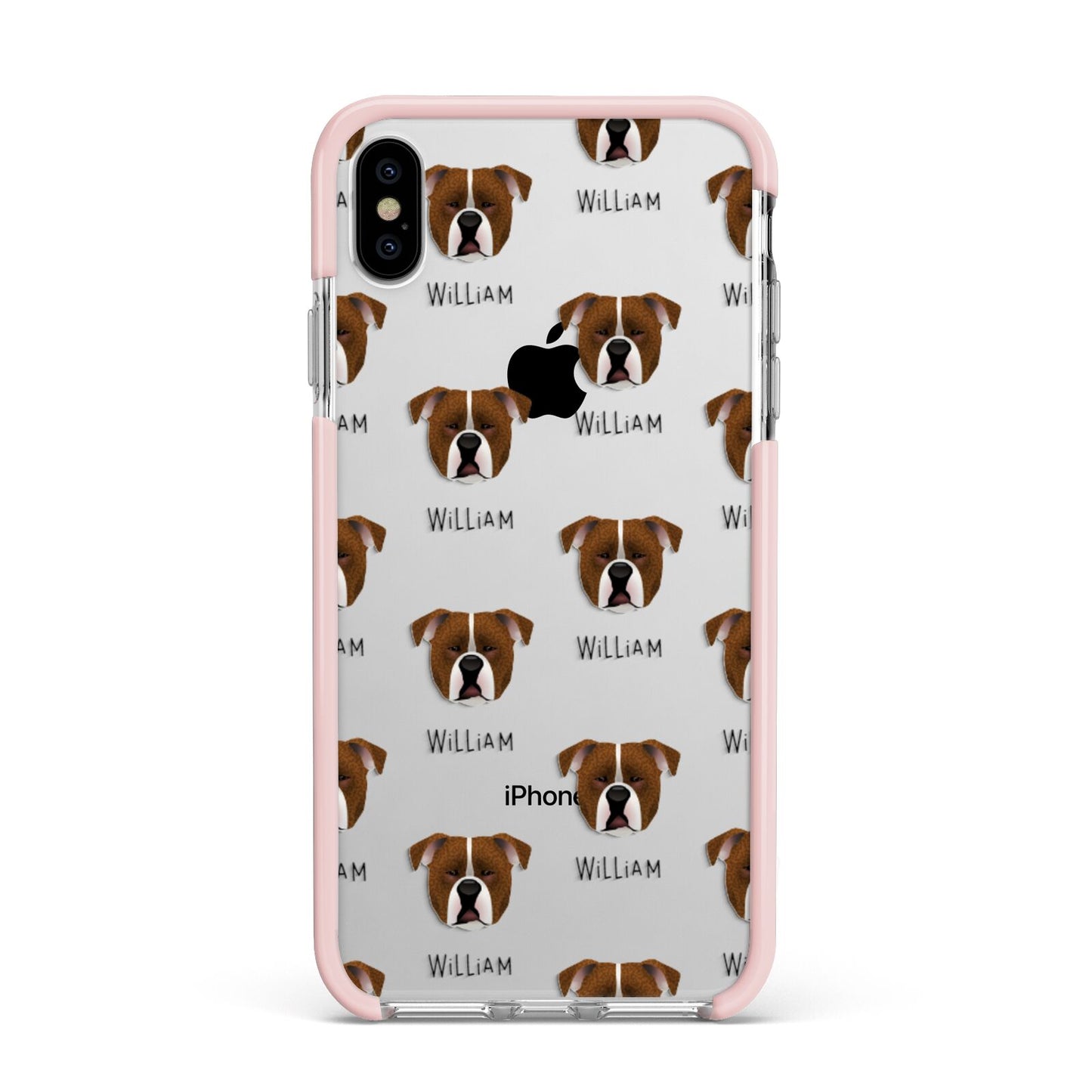 Johnson American Bulldog Icon with Name Apple iPhone Xs Max Impact Case Pink Edge on Silver Phone