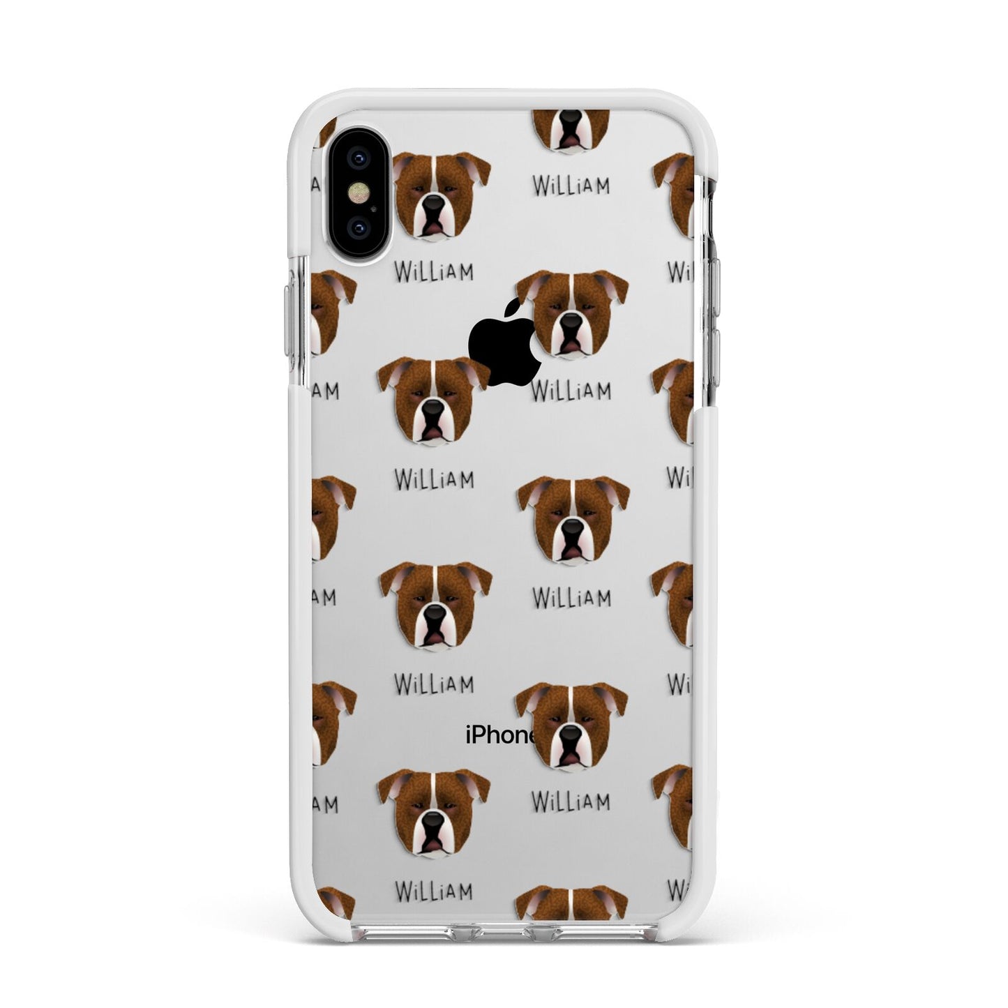 Johnson American Bulldog Icon with Name Apple iPhone Xs Max Impact Case White Edge on Silver Phone