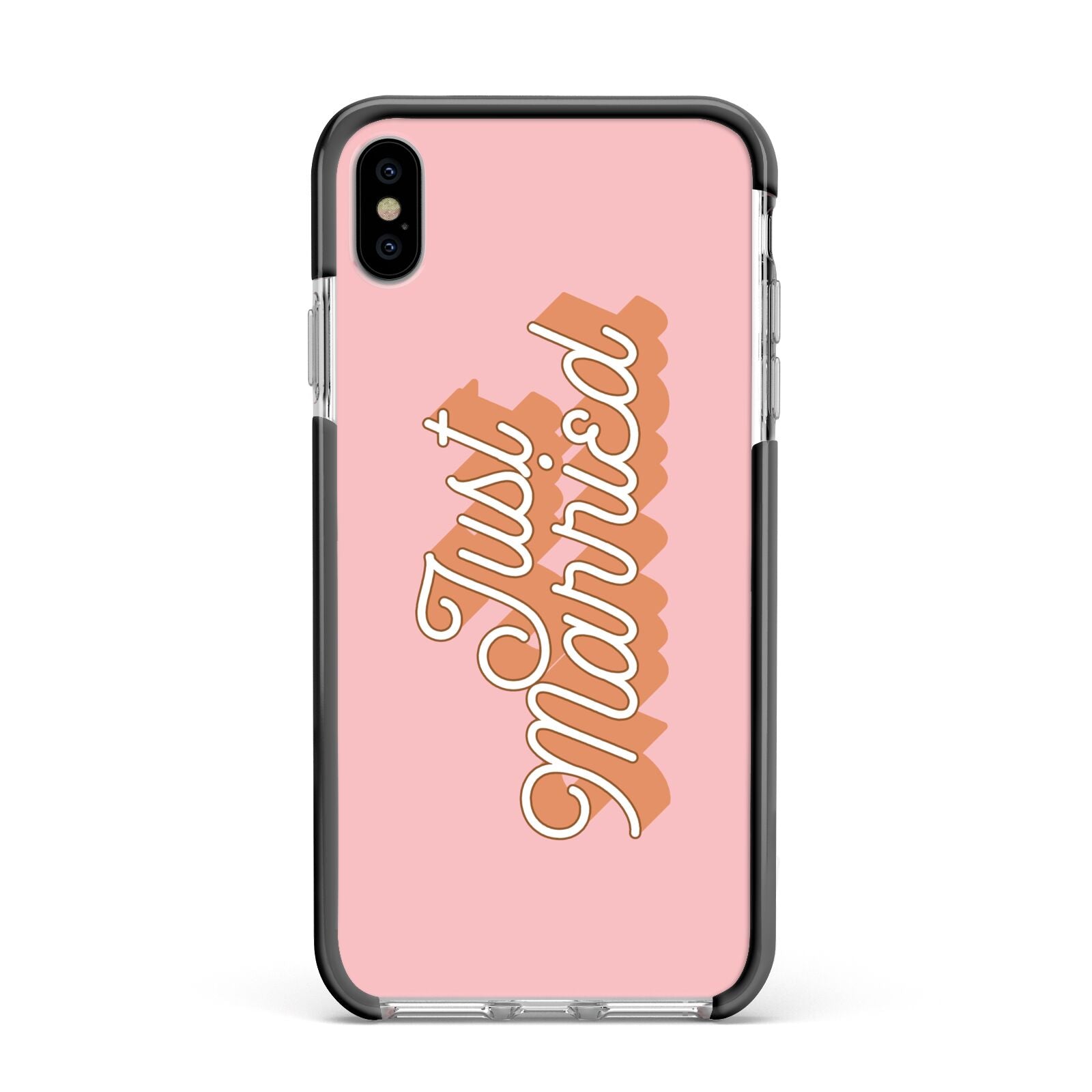 Just Married Pink Apple iPhone Xs Max Impact Case Black Edge on Silver Phone