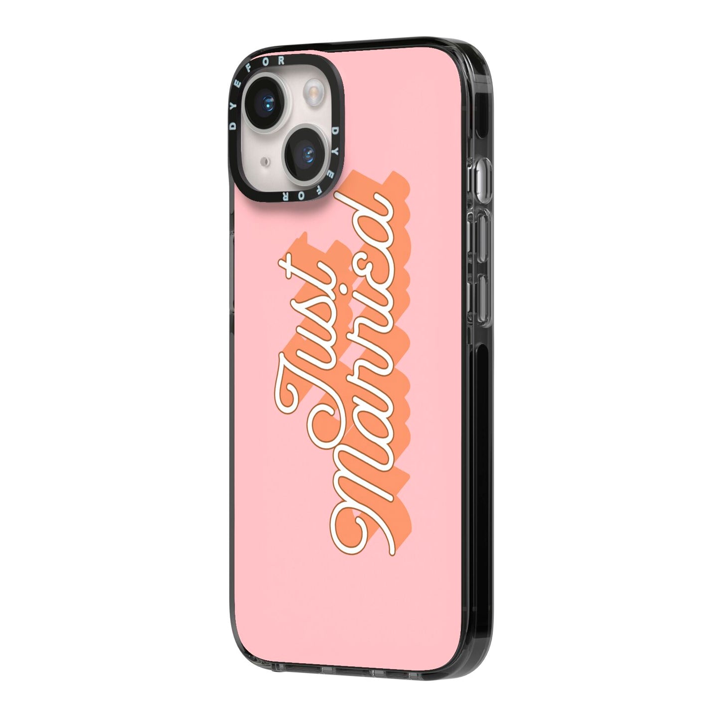 Just Married Pink iPhone 14 Black Impact Case Side Angle on Silver phone