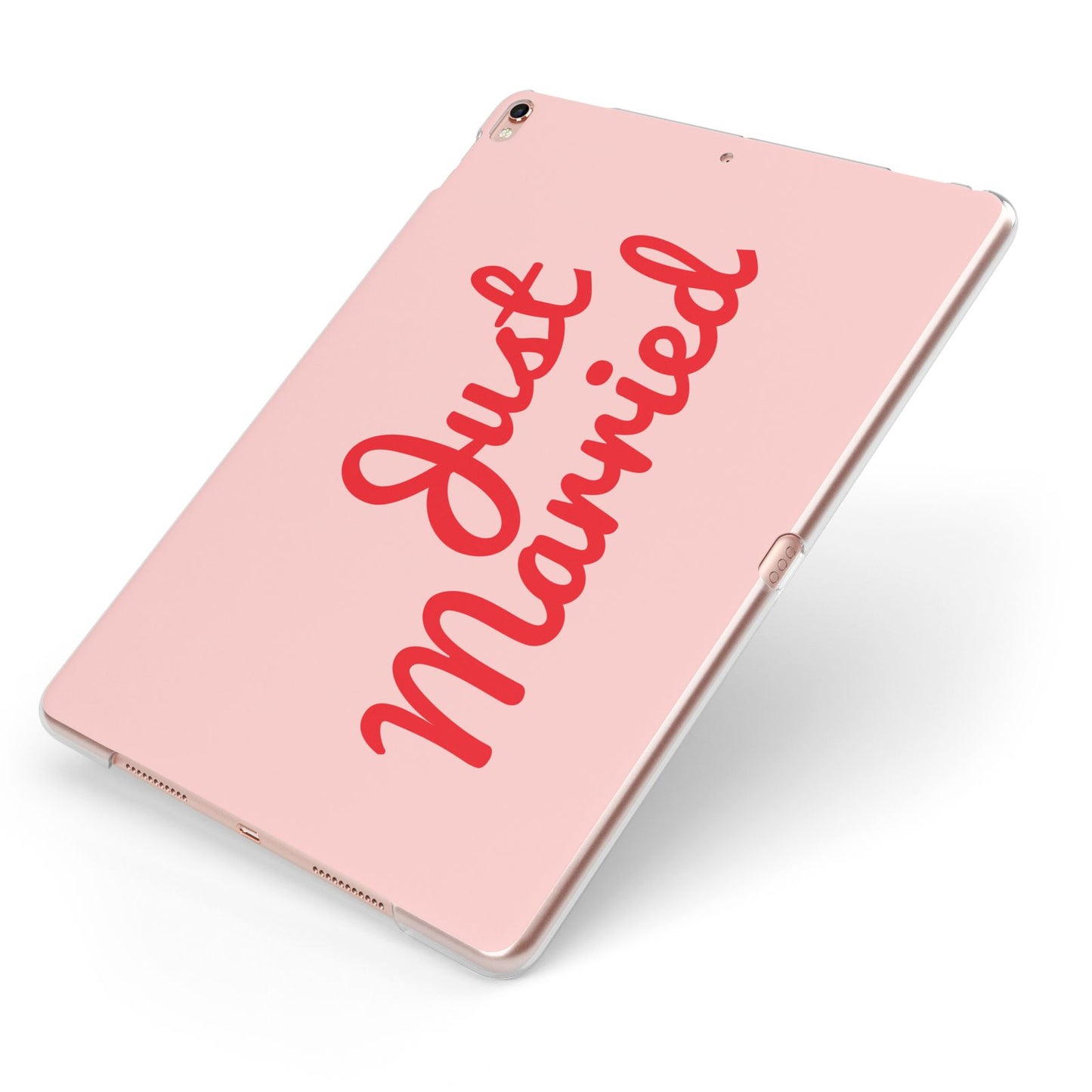 Just Married Red Pink Apple iPad Case on Rose Gold iPad Side View