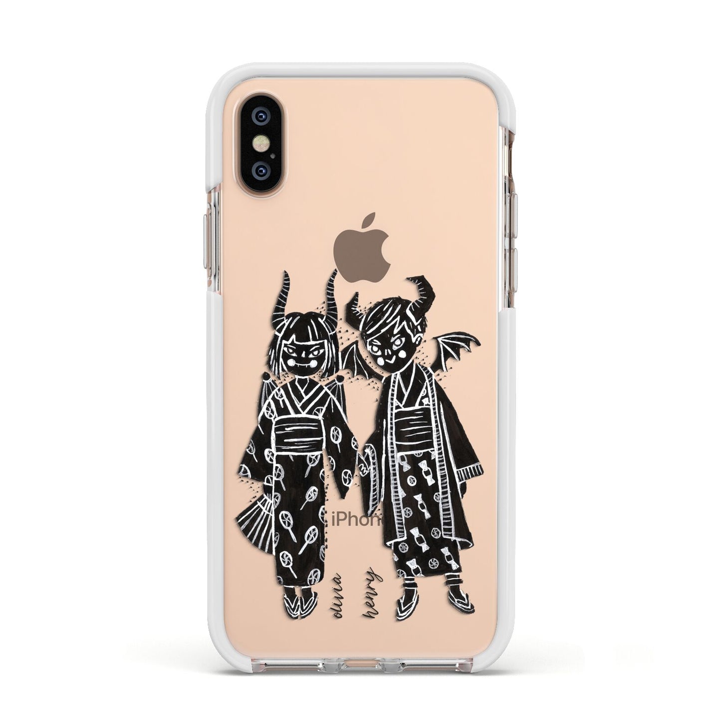 Kimono Devils Apple iPhone Xs Impact Case White Edge on Gold Phone