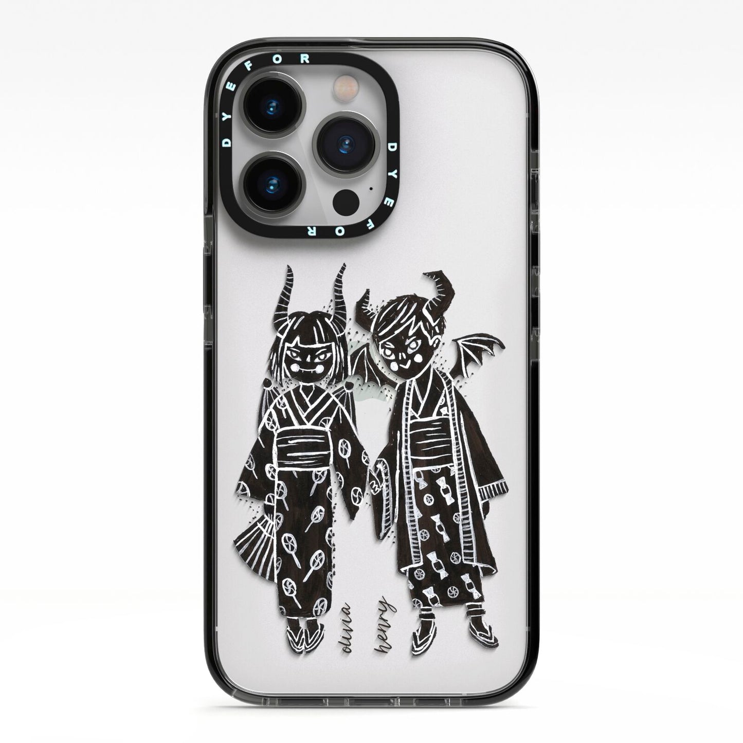 Kimono Devils iPhone 13 Pro Black Impact Case on Silver phone