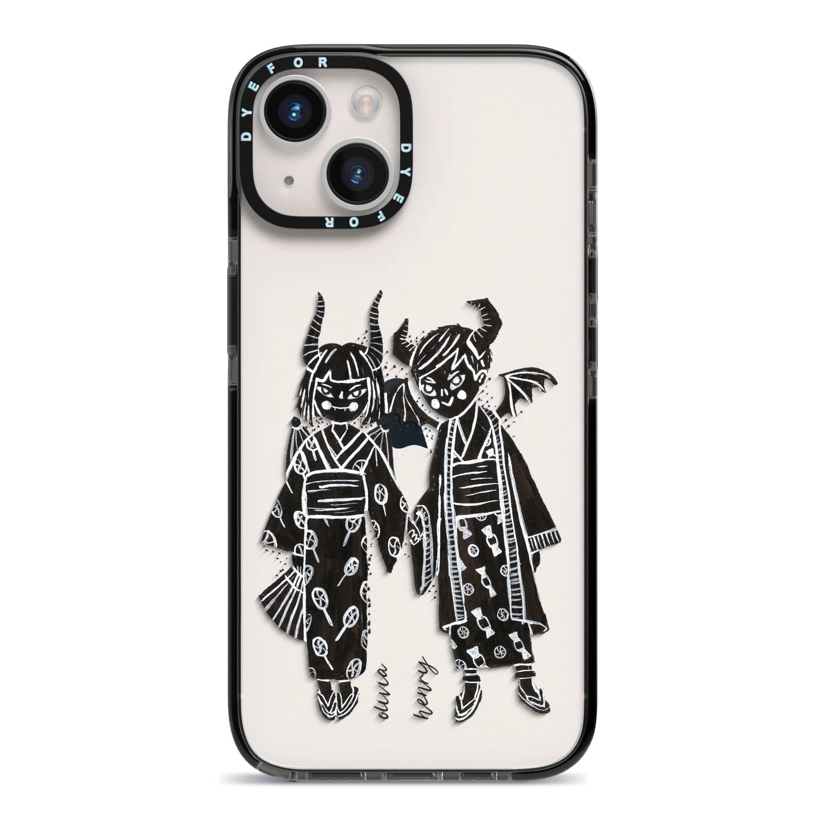 Kimono Devils iPhone 14 Black Impact Case on Silver phone