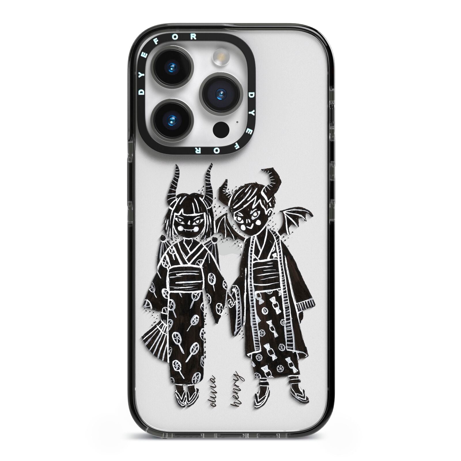 Kimono Devils iPhone 14 Pro Black Impact Case on Silver phone