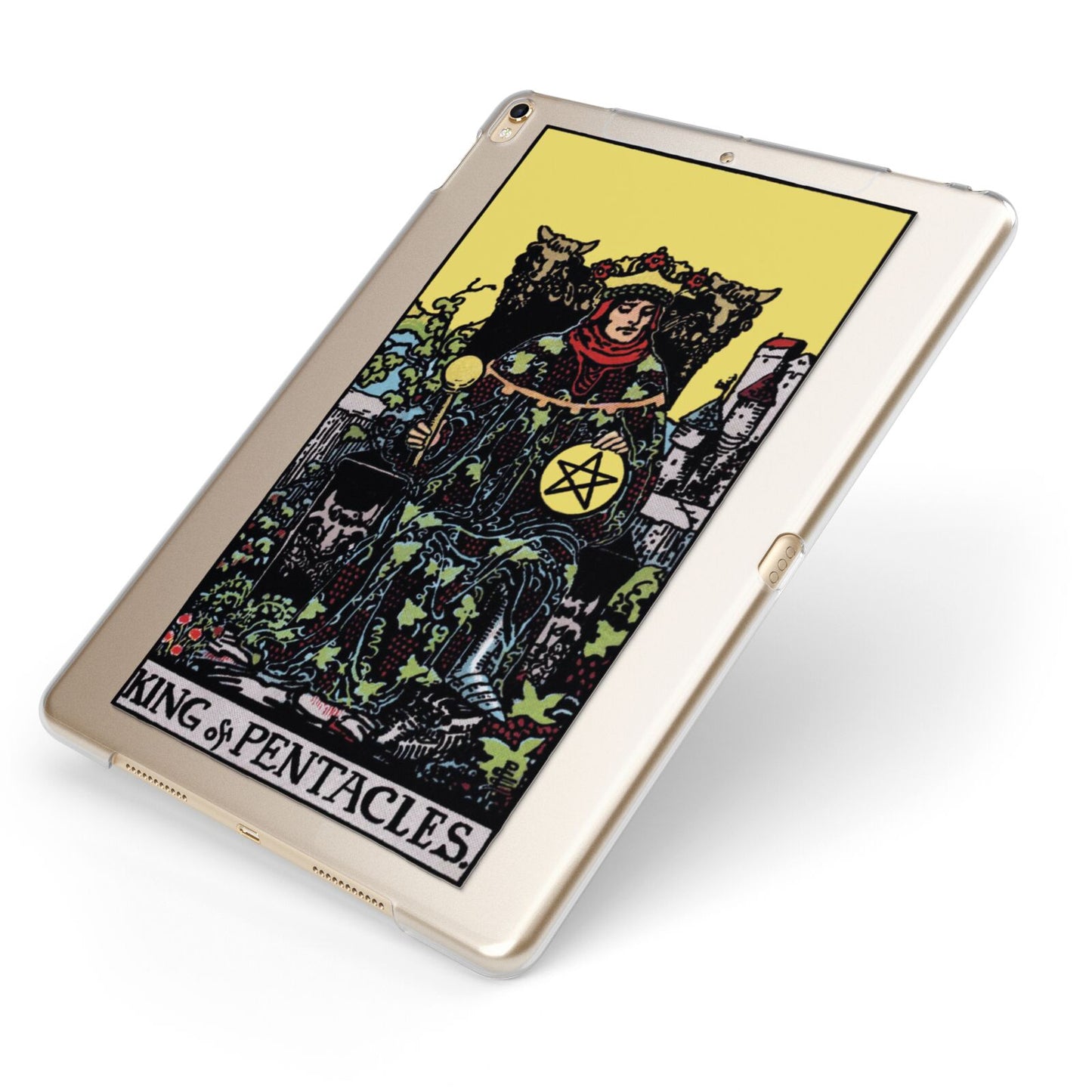 King of Pentacles Tarot Card Apple iPad Case on Gold iPad Side View