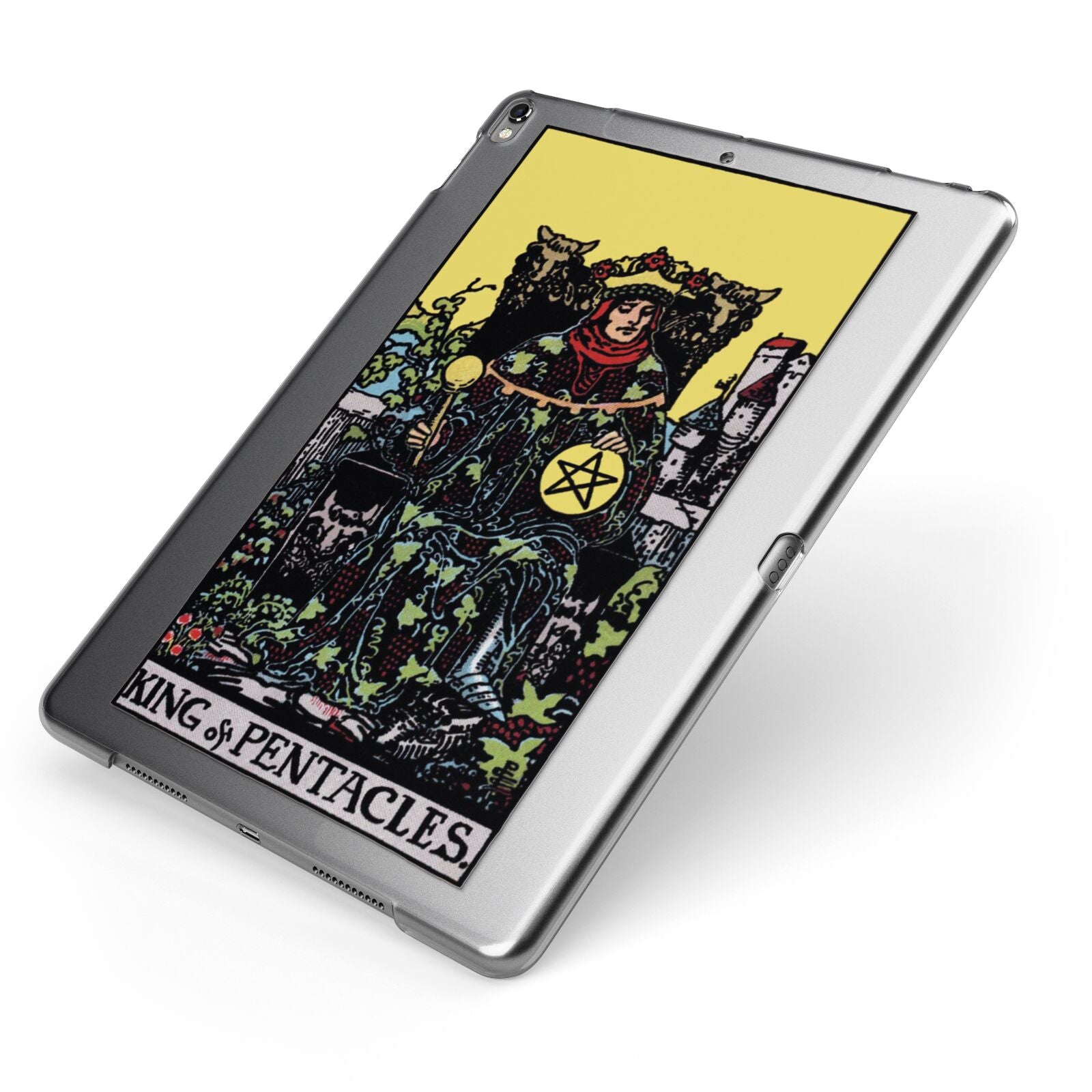 King of Pentacles Tarot Card Apple iPad Case on Grey iPad Side View