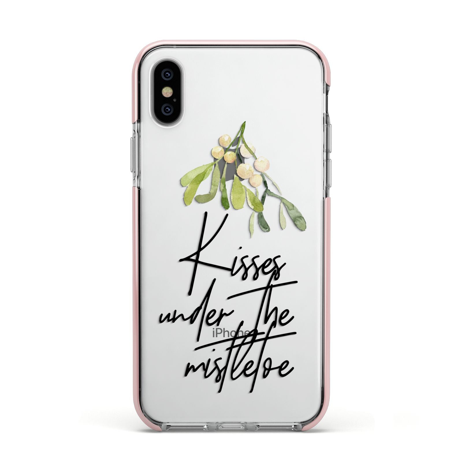 Kisses Under The Mistletoe Apple iPhone Xs Impact Case Pink Edge on Silver Phone