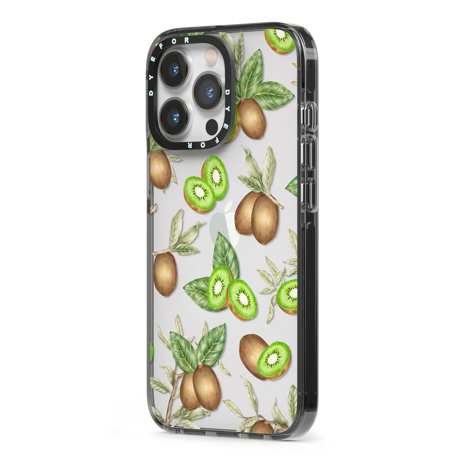 Kiwi Fruit iPhone 13 Pro Black Impact Case Side Angle on Silver phone