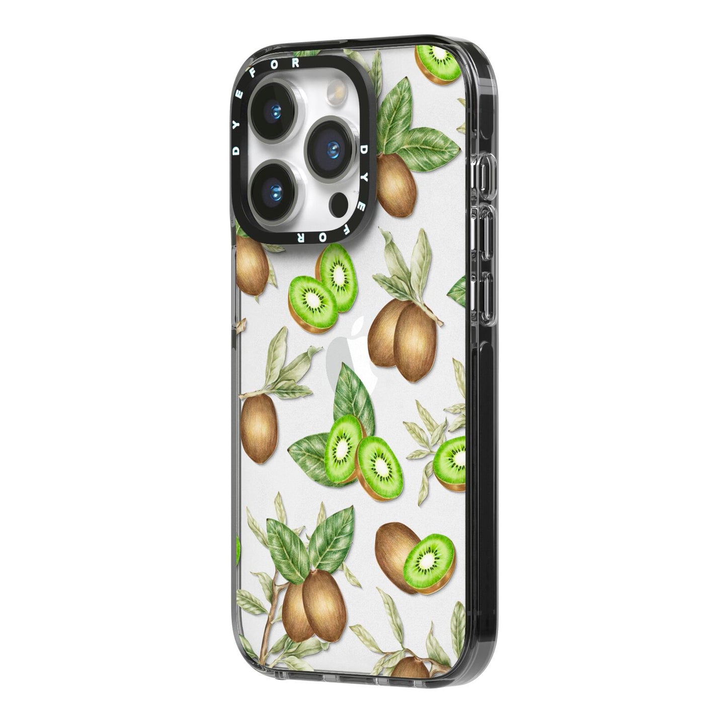 Kiwi Fruit iPhone 14 Pro Black Impact Case Side Angle on Silver phone