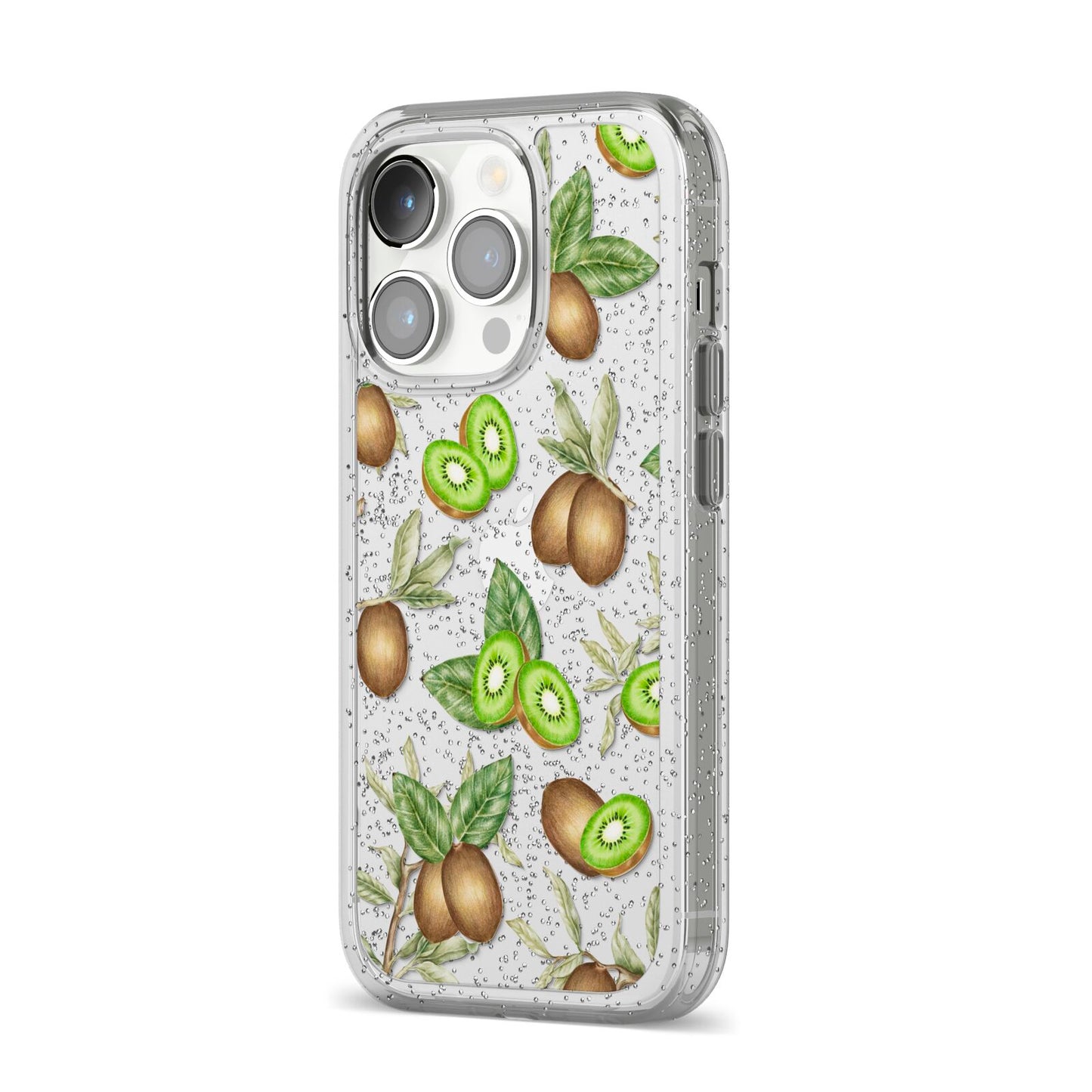 Kiwi Fruit iPhone 14 Pro Glitter Tough Case Silver Angled Image