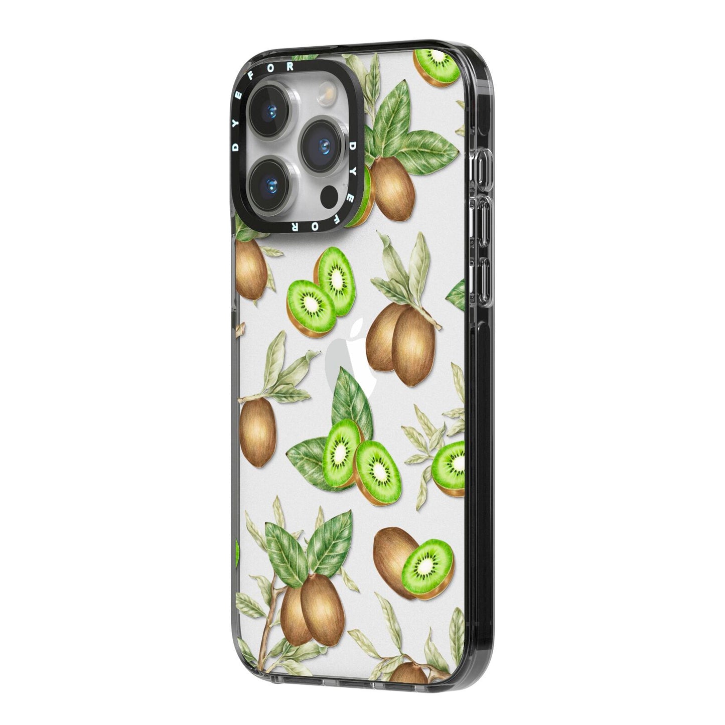 Kiwi Fruit iPhone 14 Pro Max Black Impact Case Side Angle on Silver phone