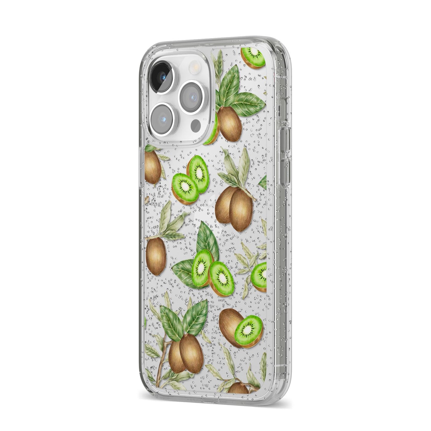 Kiwi Fruit iPhone 14 Pro Max Glitter Tough Case Silver Angled Image