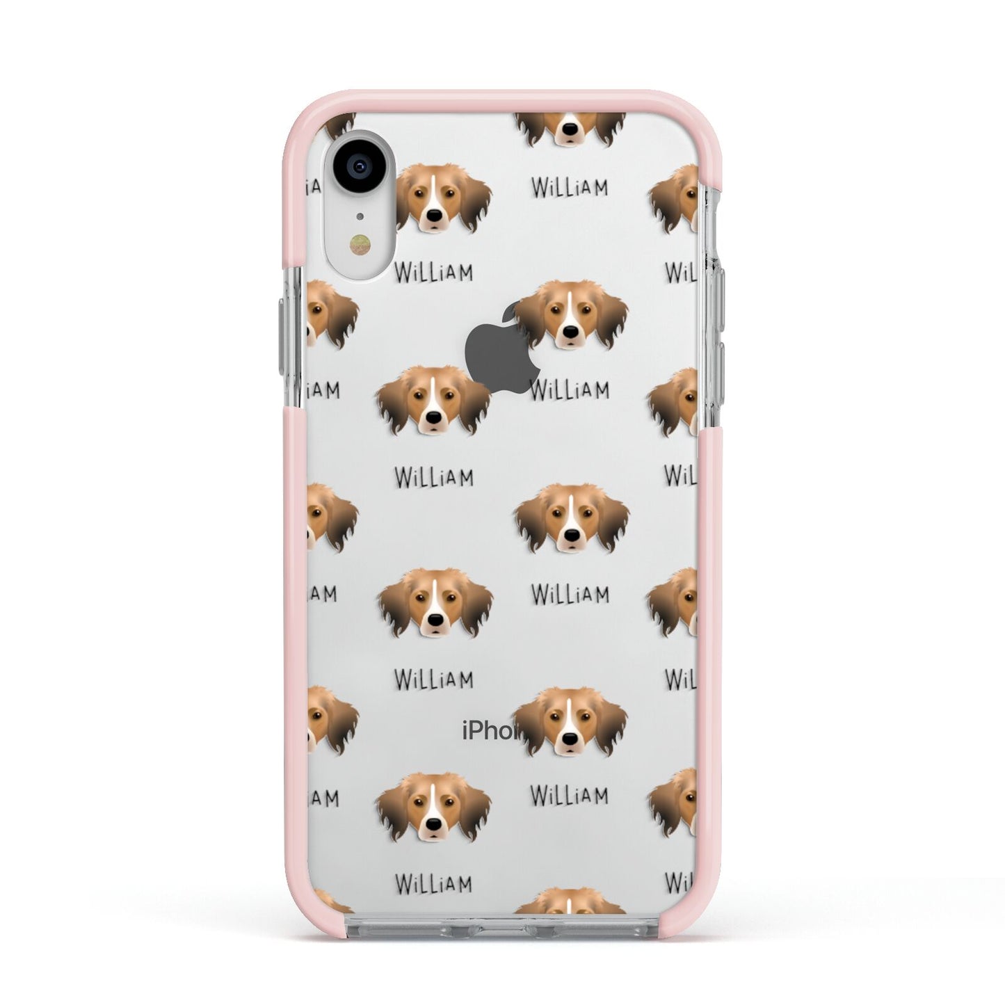 Kooikerhondje Icon with Name Apple iPhone XR Impact Case Pink Edge on Silver Phone