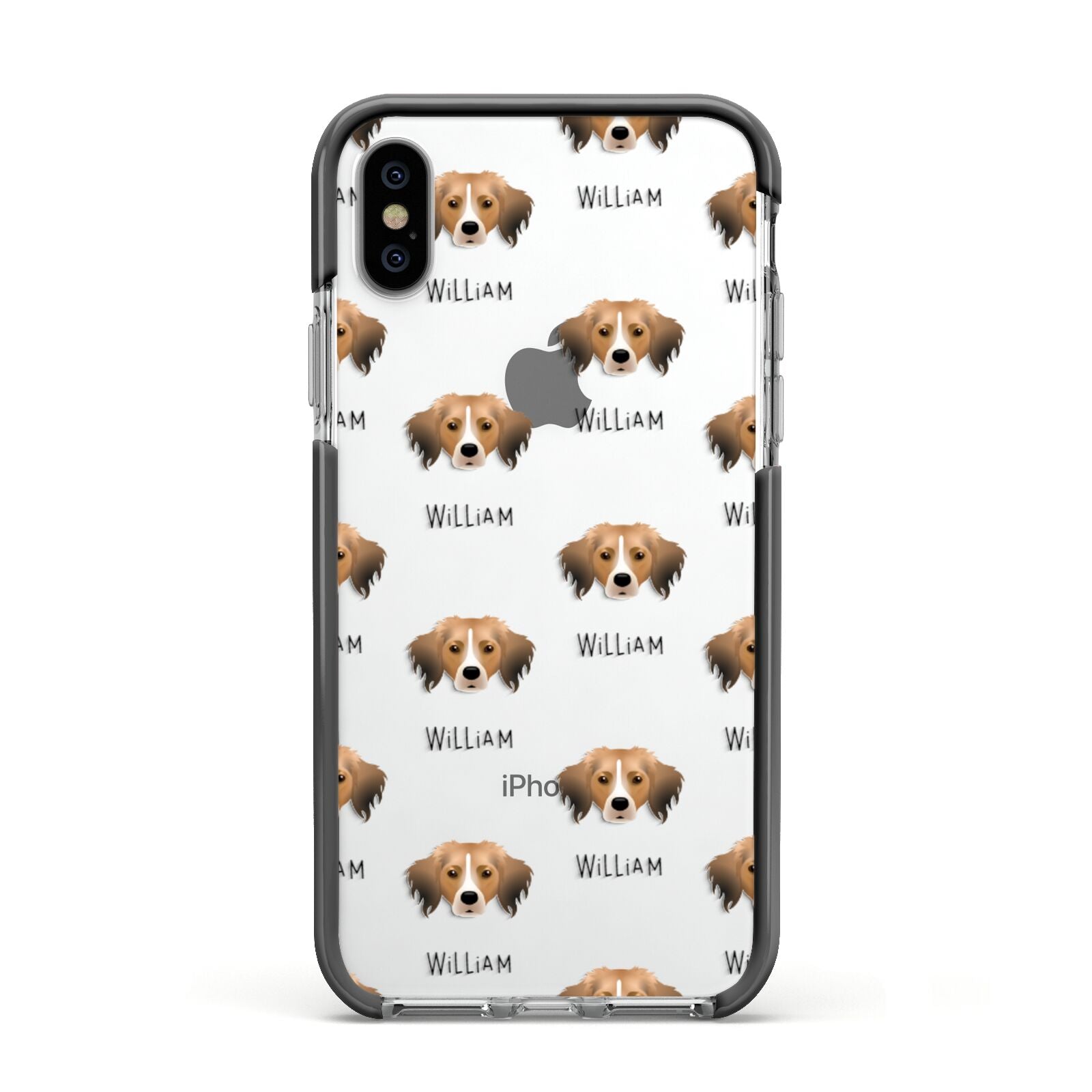 Kooikerhondje Icon with Name Apple iPhone Xs Impact Case Black Edge on Silver Phone