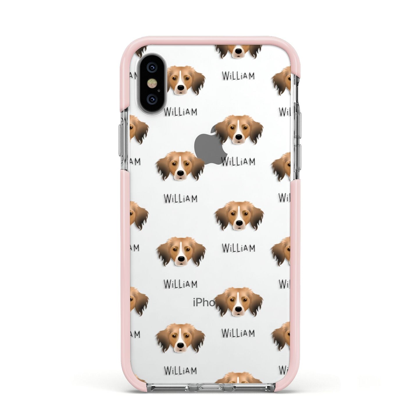 Kooikerhondje Icon with Name Apple iPhone Xs Impact Case Pink Edge on Silver Phone