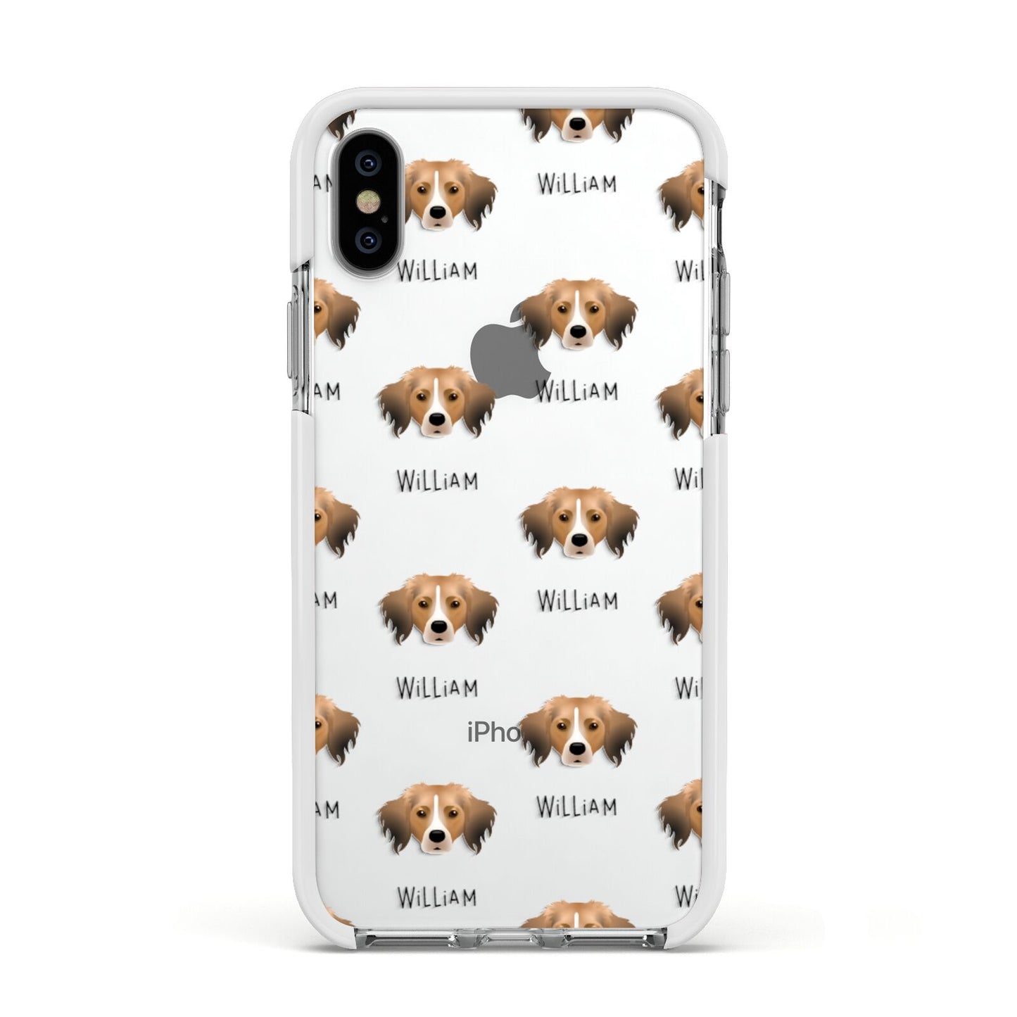 Kooikerhondje Icon with Name Apple iPhone Xs Impact Case White Edge on Silver Phone