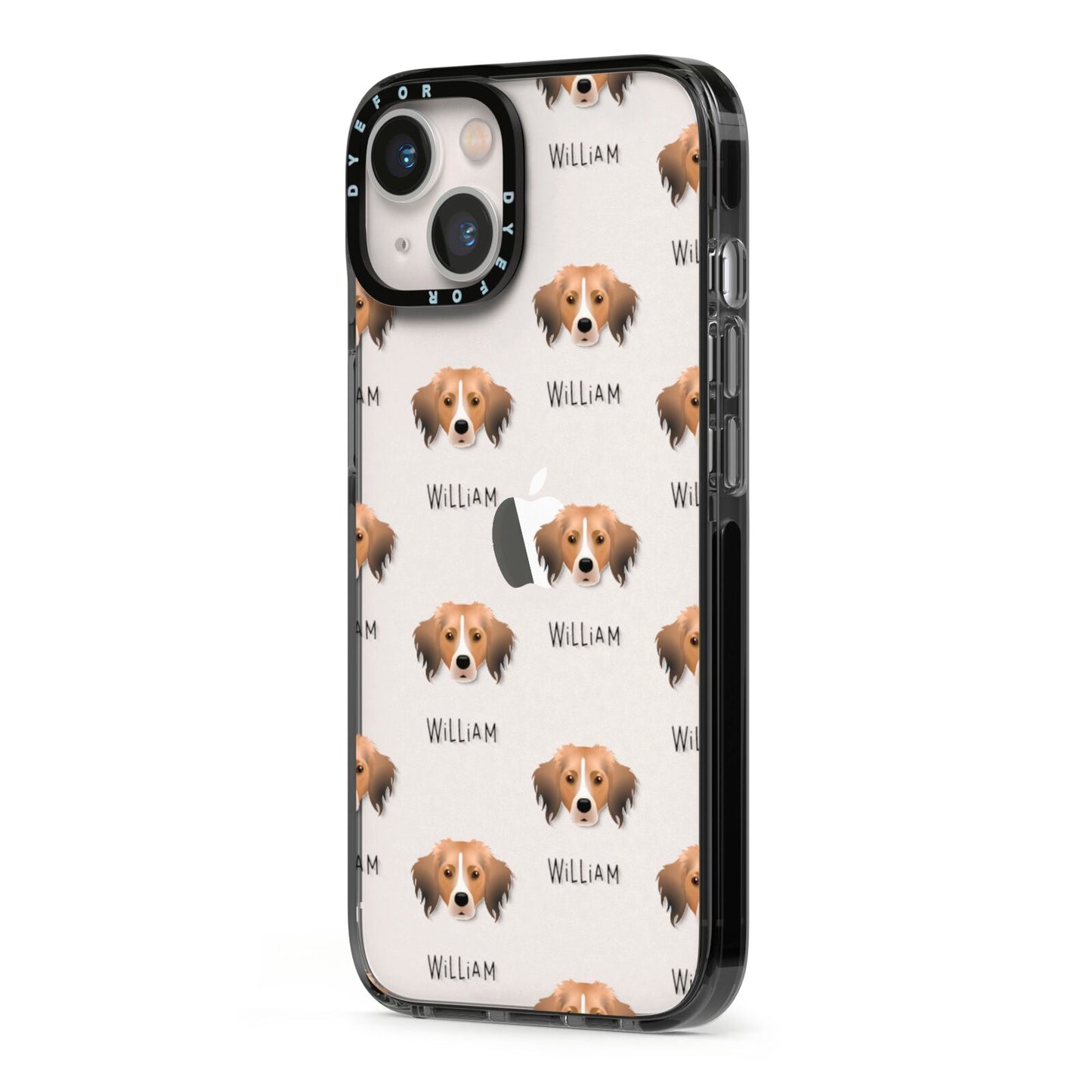 Kooikerhondje Icon with Name iPhone 13 Black Impact Case Side Angle on Silver phone