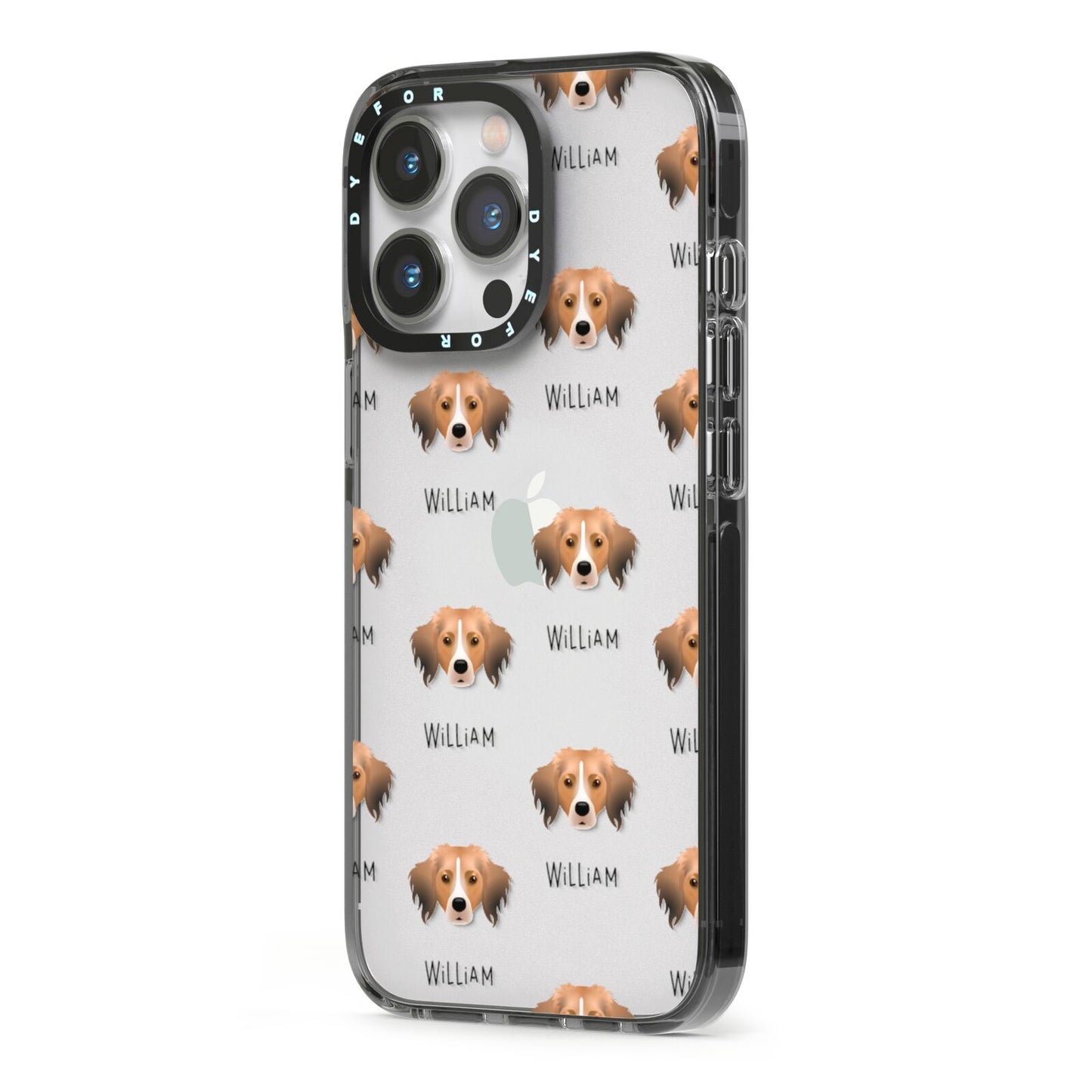 Kooikerhondje Icon with Name iPhone 13 Pro Black Impact Case Side Angle on Silver phone