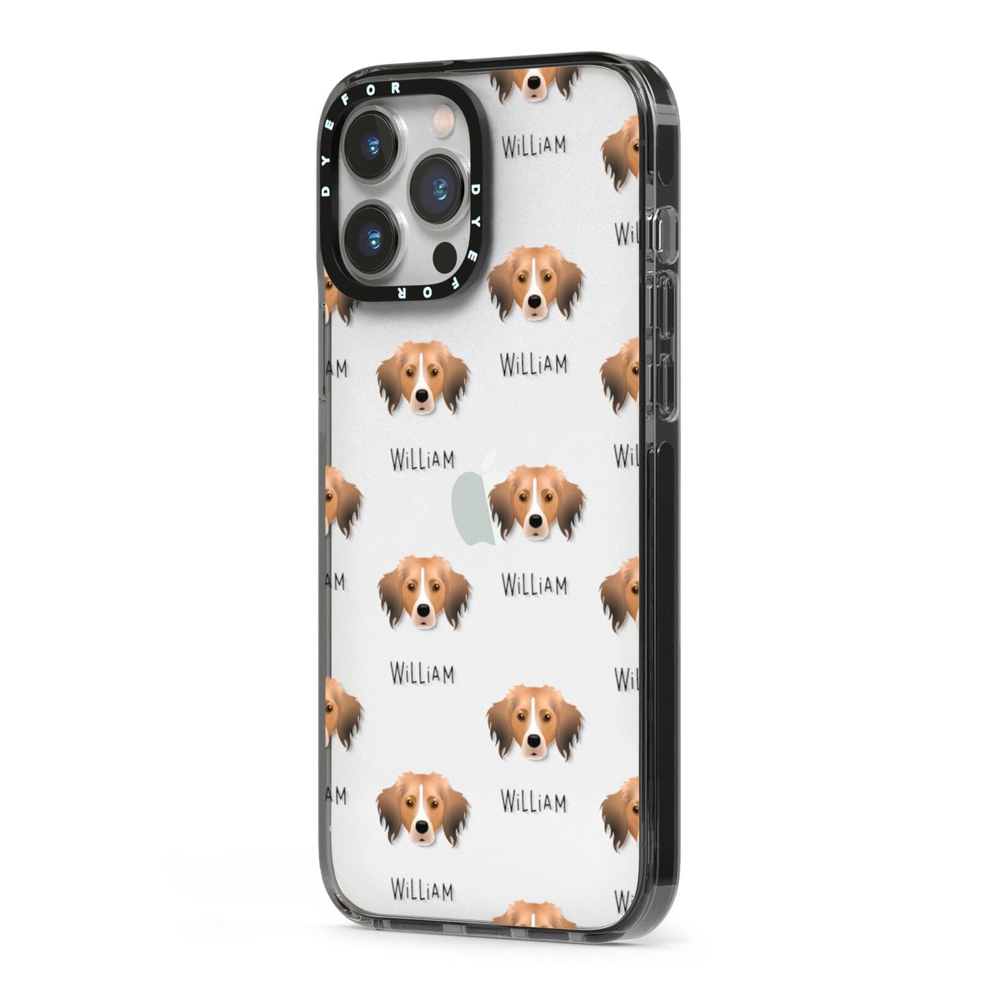 Kooikerhondje Icon with Name iPhone 13 Pro Max Black Impact Case Side Angle on Silver phone