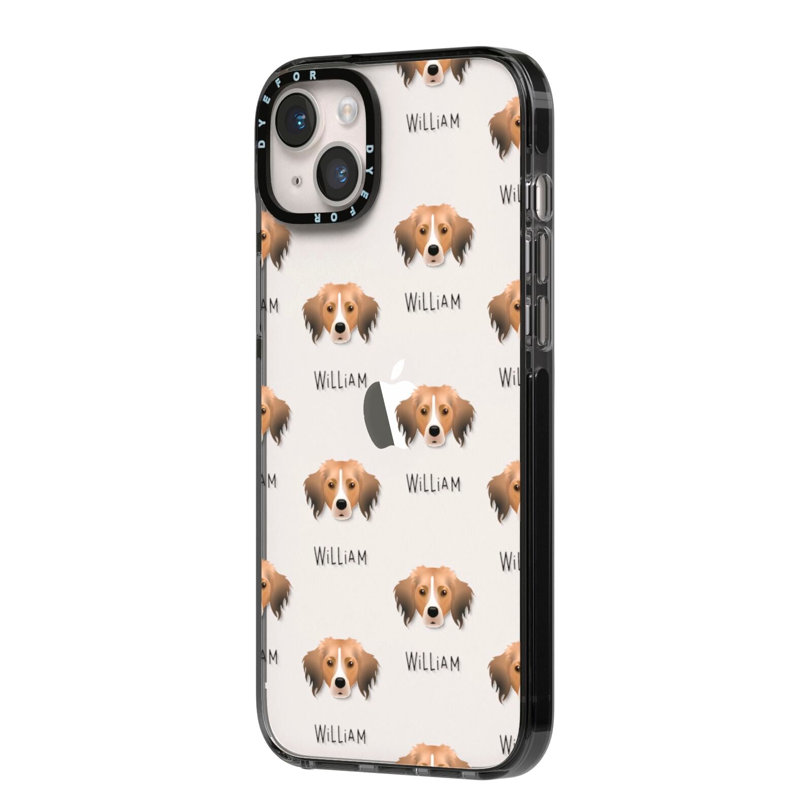 Kooikerhondje Icon with Name iPhone 14 Plus Black Impact Case Side Angle on Silver phone