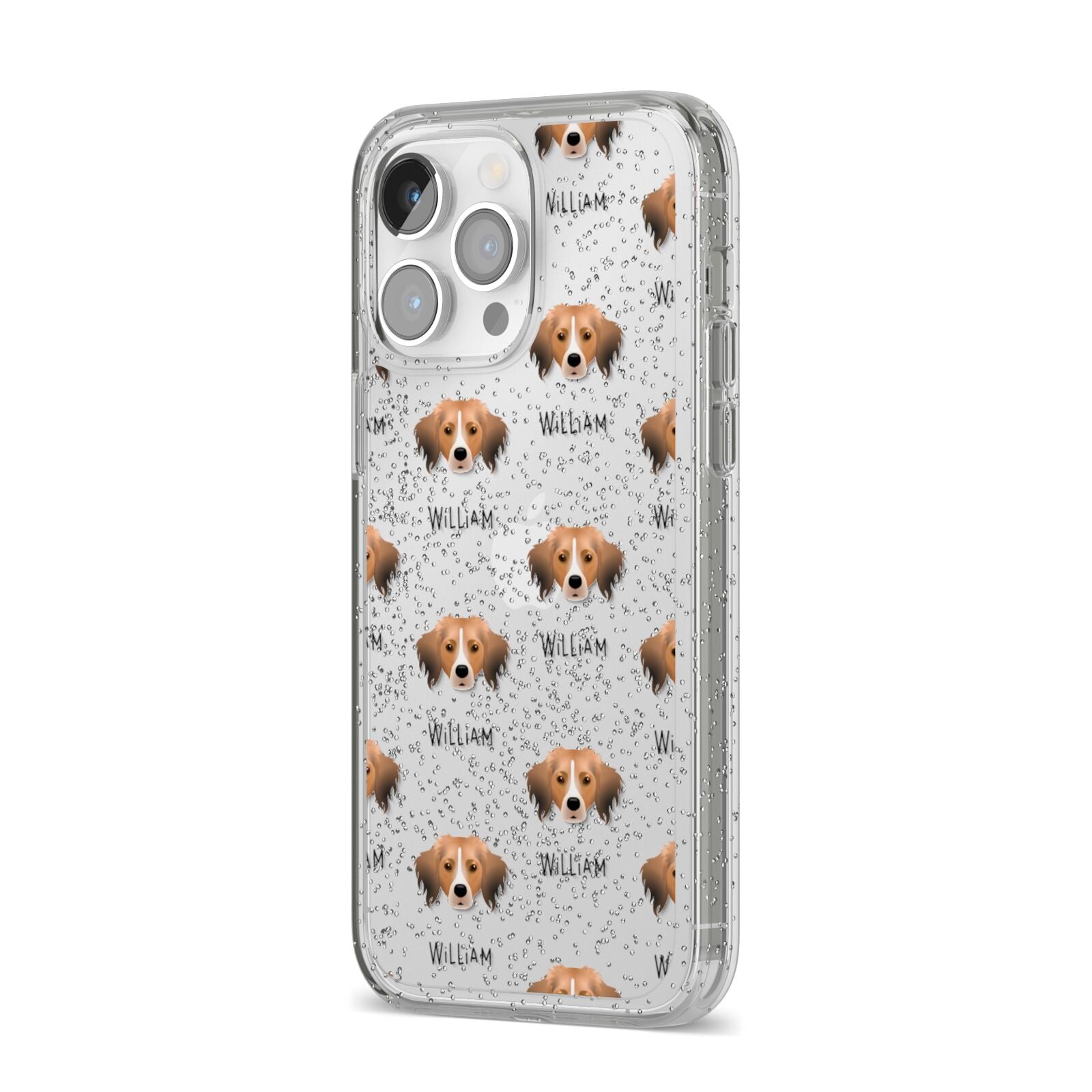 Kooikerhondje Icon with Name iPhone 14 Pro Max Glitter Tough Case Silver Angled Image