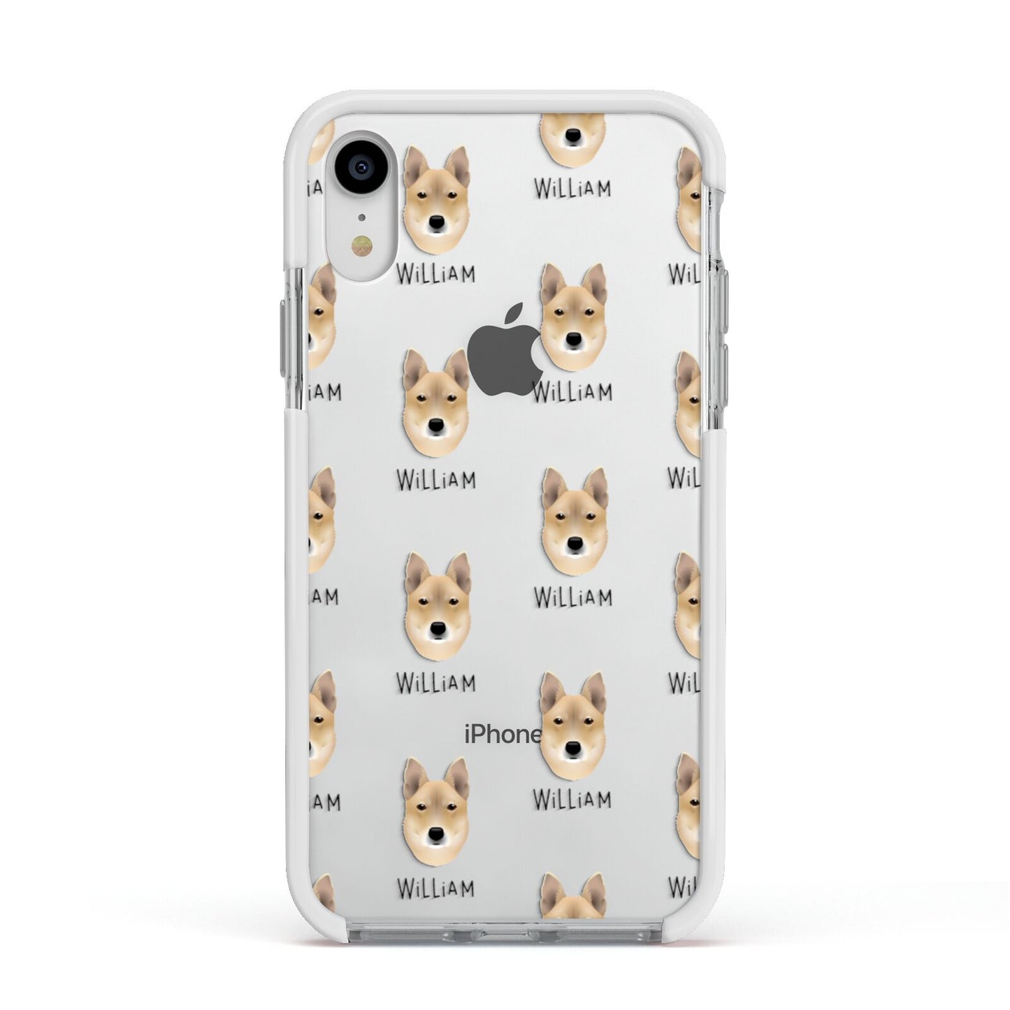 Korean Jindo Icon with Name Apple iPhone XR Impact Case White Edge on Silver Phone