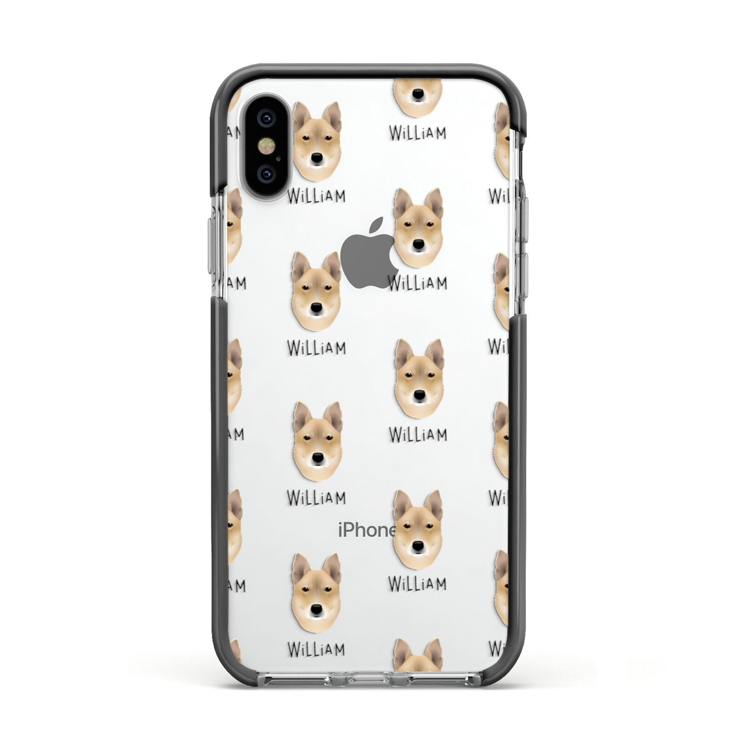 Korean Jindo Icon with Name Apple iPhone Xs Impact Case Black Edge on Silver Phone