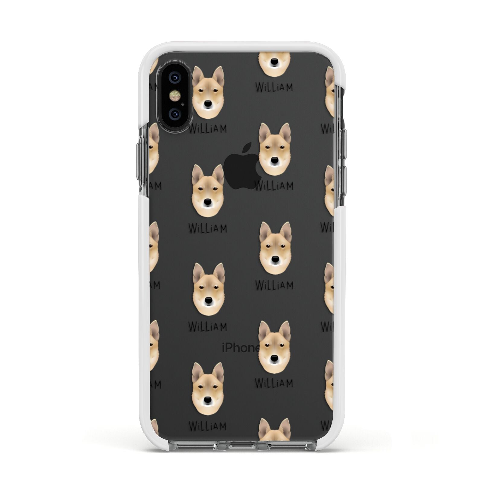 Korean Jindo Icon with Name Apple iPhone Xs Impact Case White Edge on Black Phone