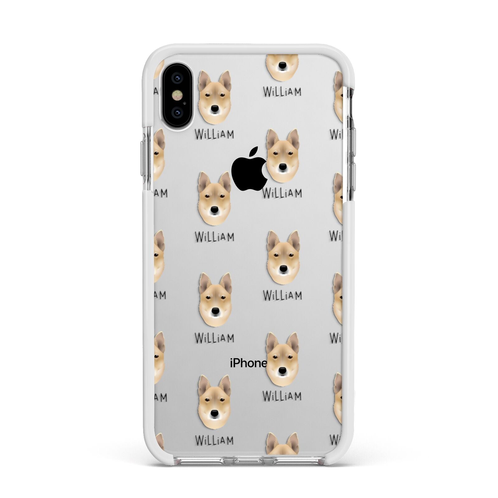 Korean Jindo Icon with Name Apple iPhone Xs Max Impact Case White Edge on Silver Phone