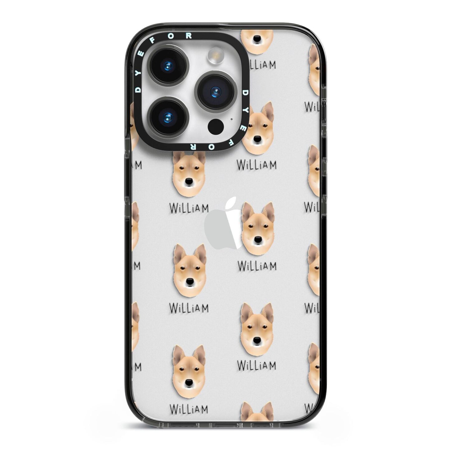 Korean Jindo Icon with Name iPhone 14 Pro Black Impact Case on Silver phone