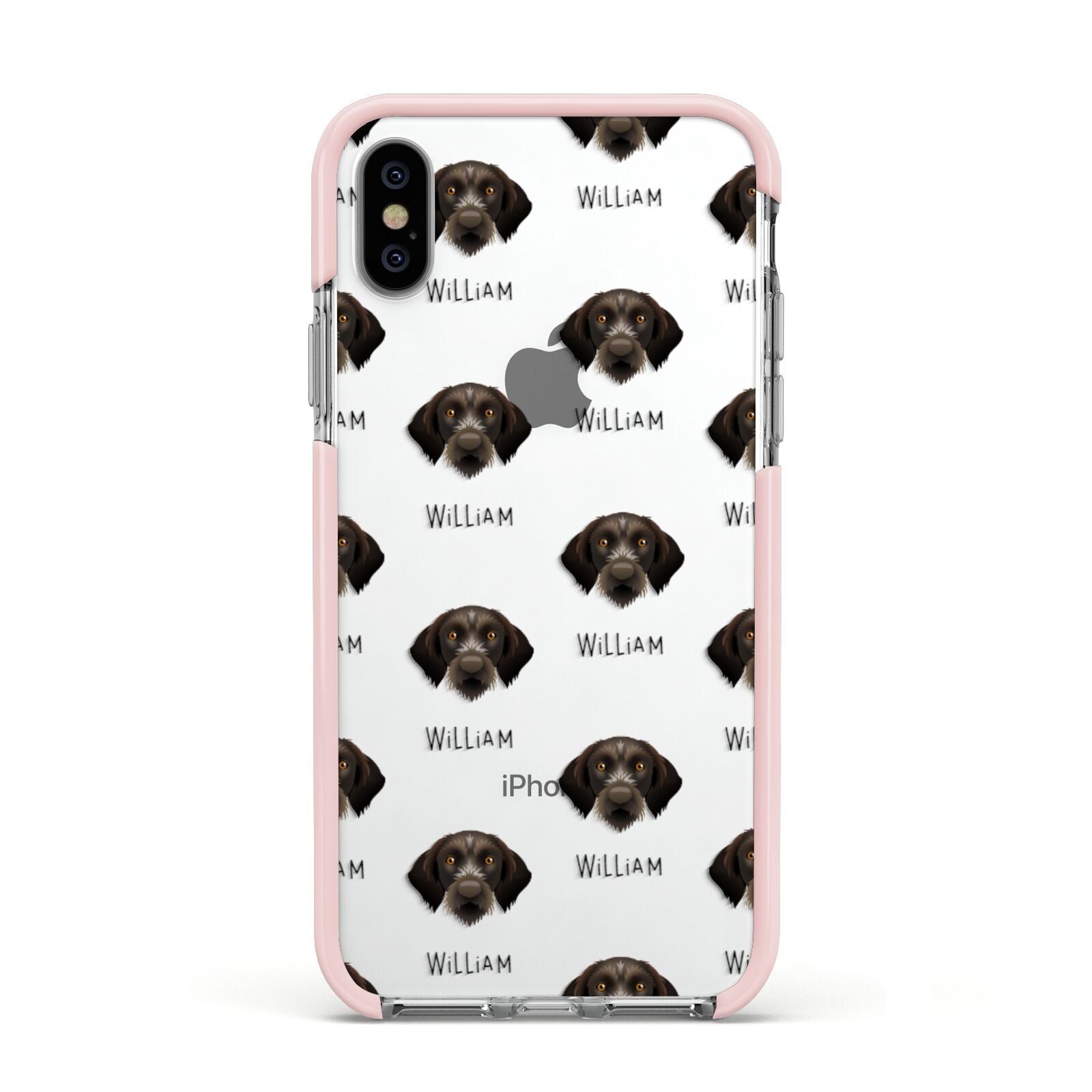 Korthals Griffon Icon with Name Apple iPhone Xs Impact Case Pink Edge on Silver Phone