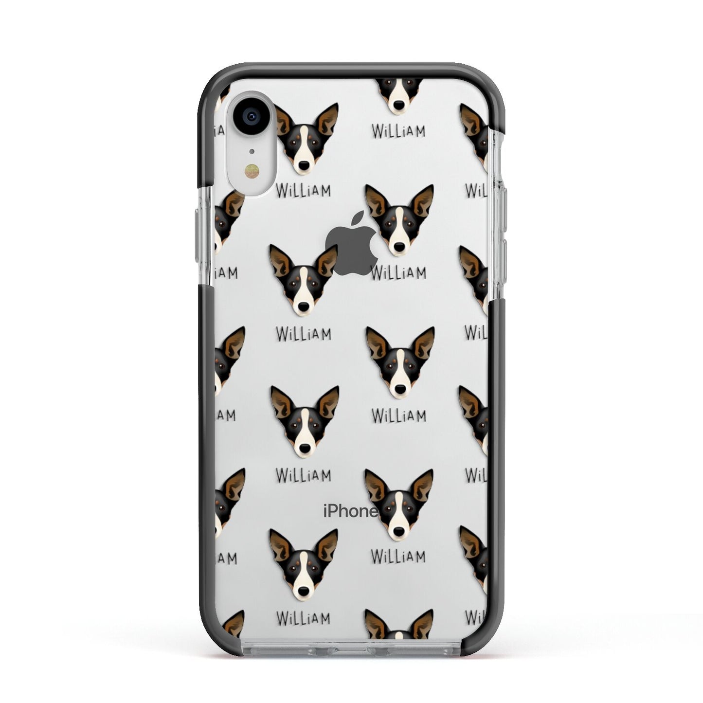 Lancashire Heeler Icon with Name Apple iPhone XR Impact Case Black Edge on Silver Phone