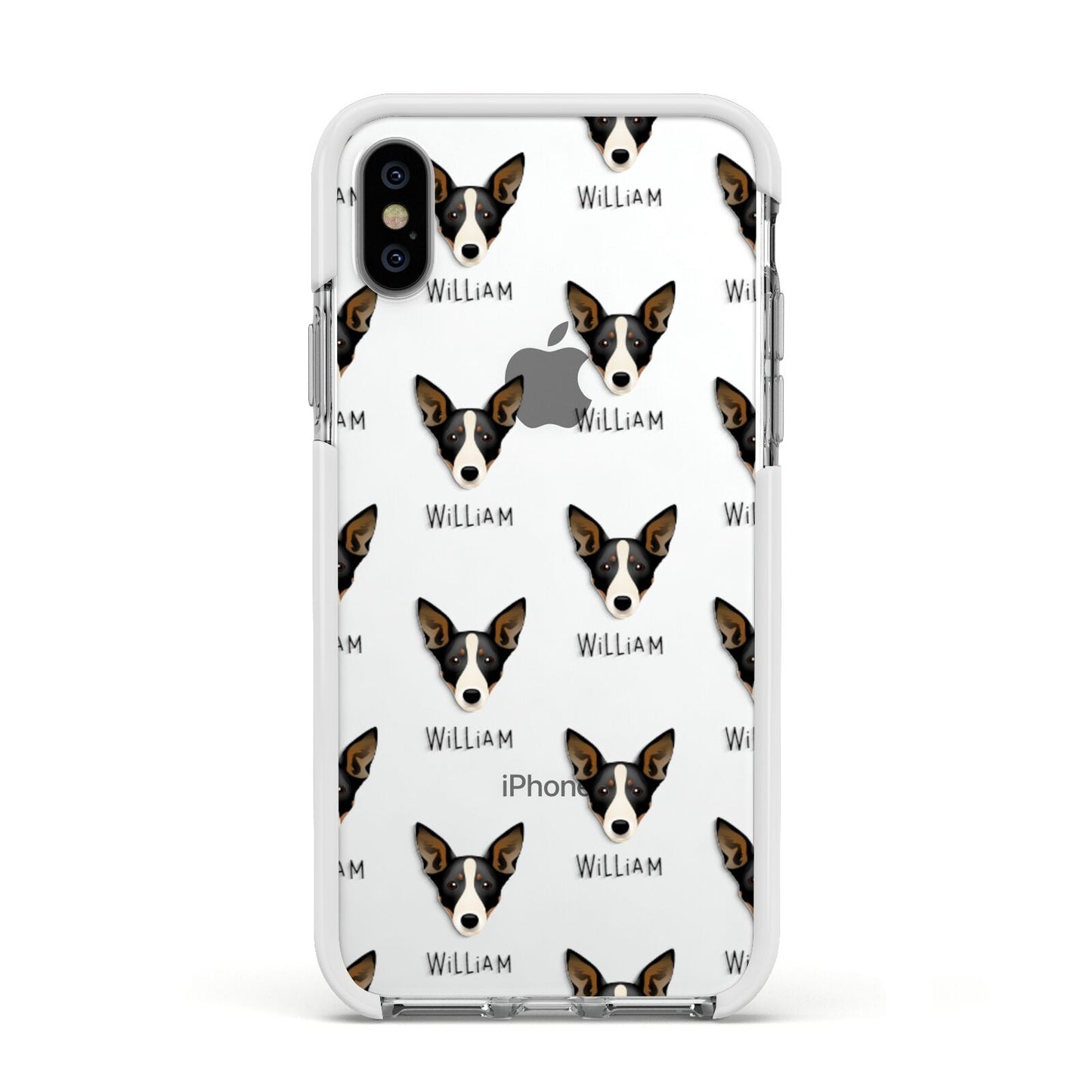 Lancashire Heeler Icon with Name Apple iPhone Xs Impact Case White Edge on Silver Phone