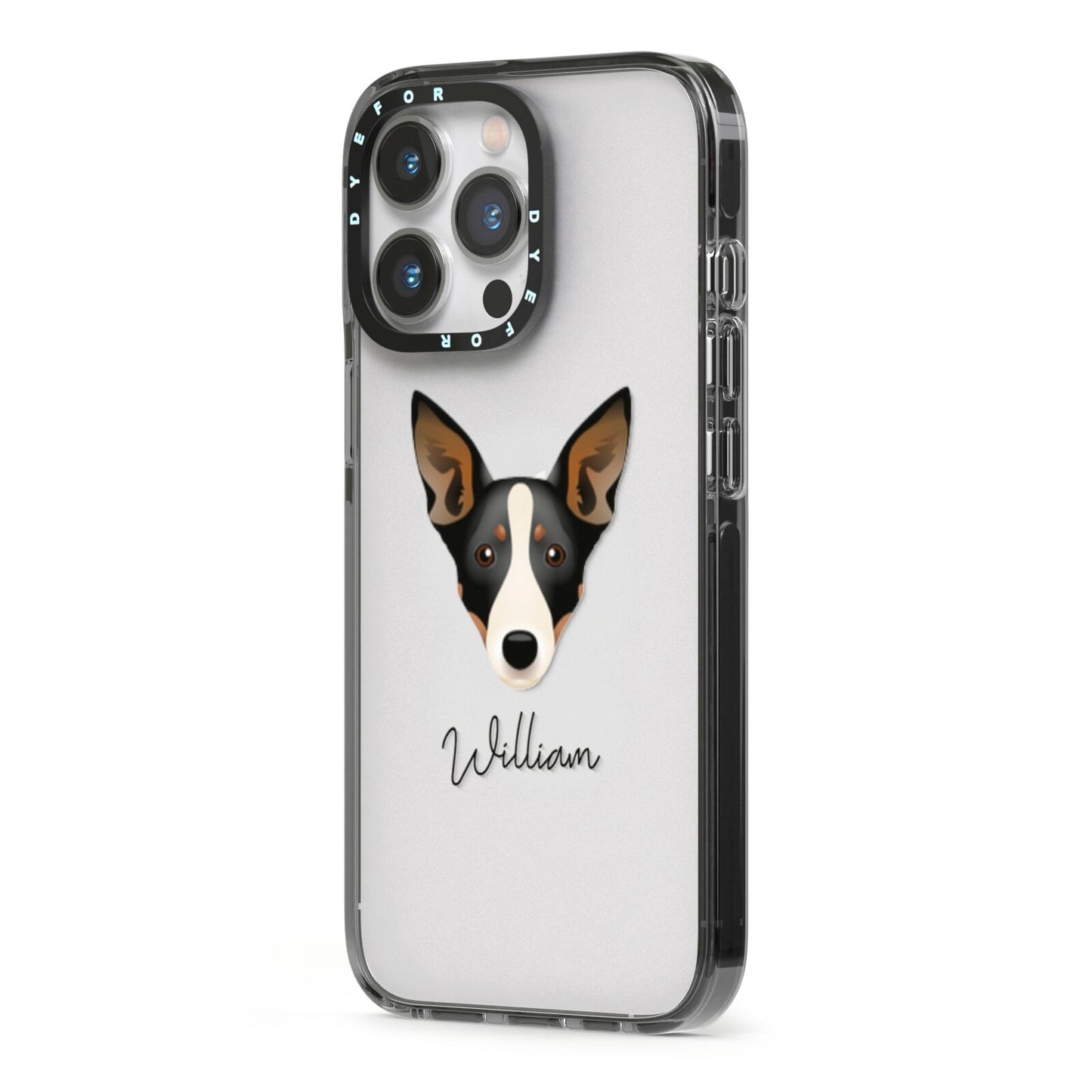 Lancashire Heeler Personalised iPhone 13 Pro Black Impact Case Side Angle on Silver phone