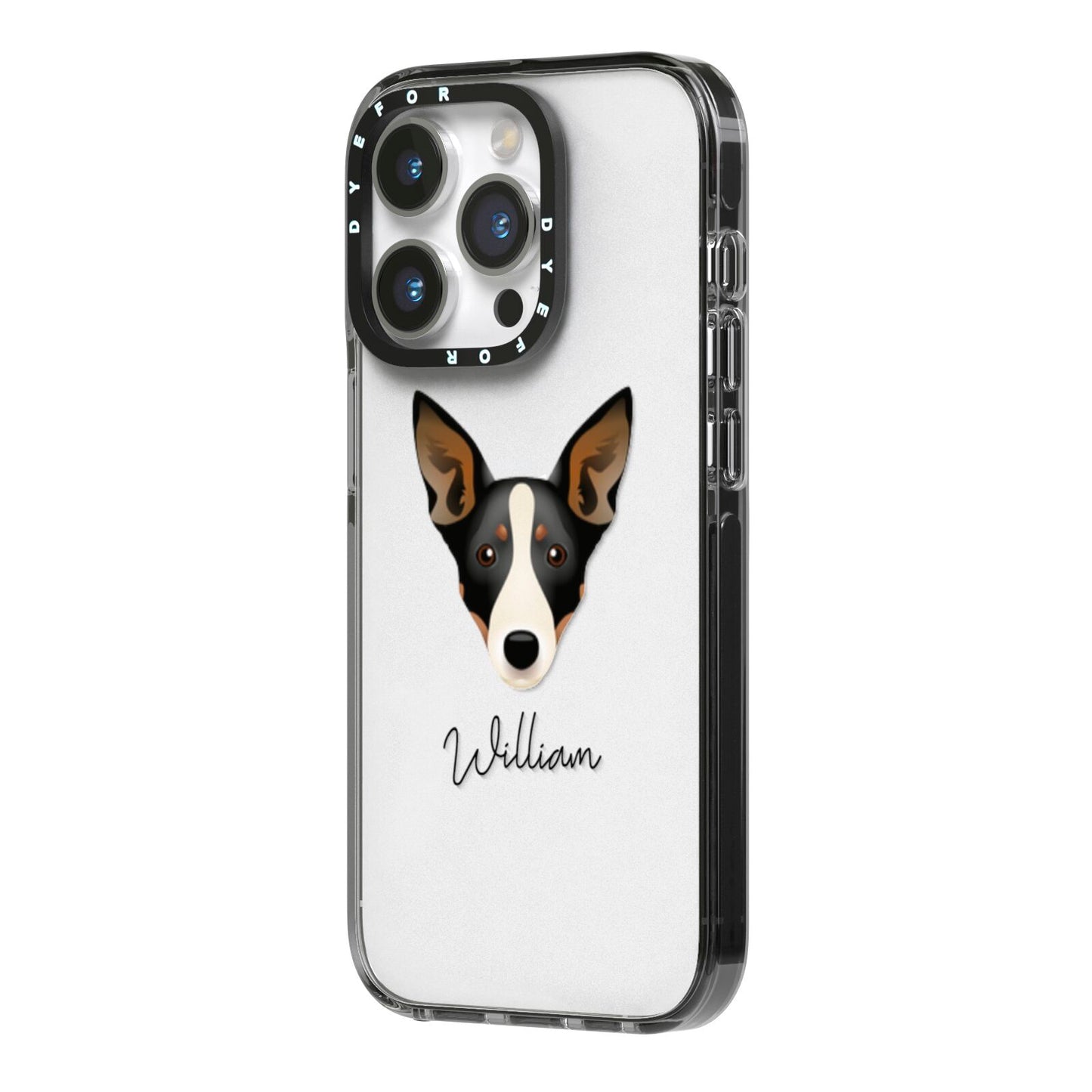 Lancashire Heeler Personalised iPhone 14 Pro Black Impact Case Side Angle on Silver phone